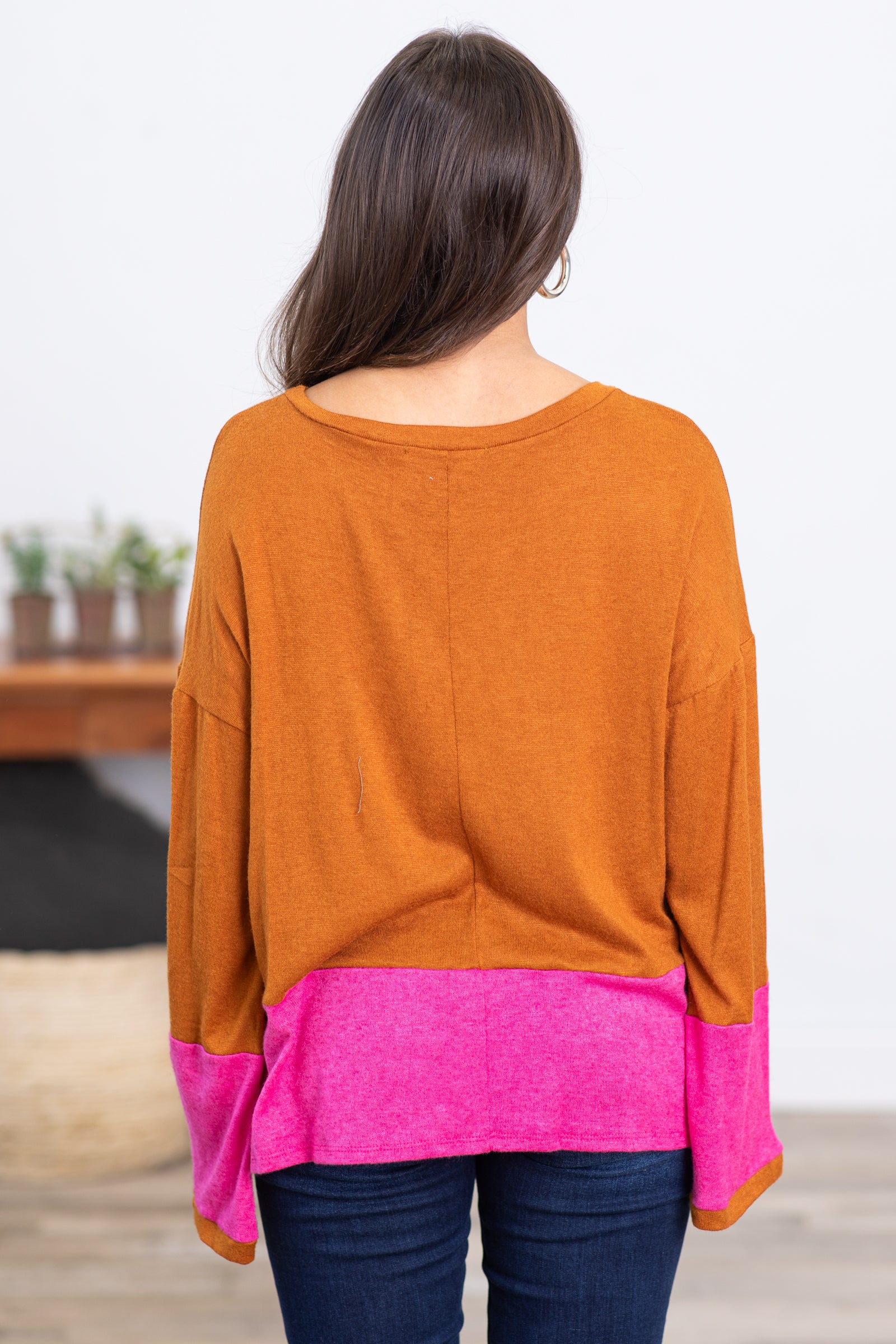 Cognac and Hot Pink Colorblock Bell Sleeve Top
