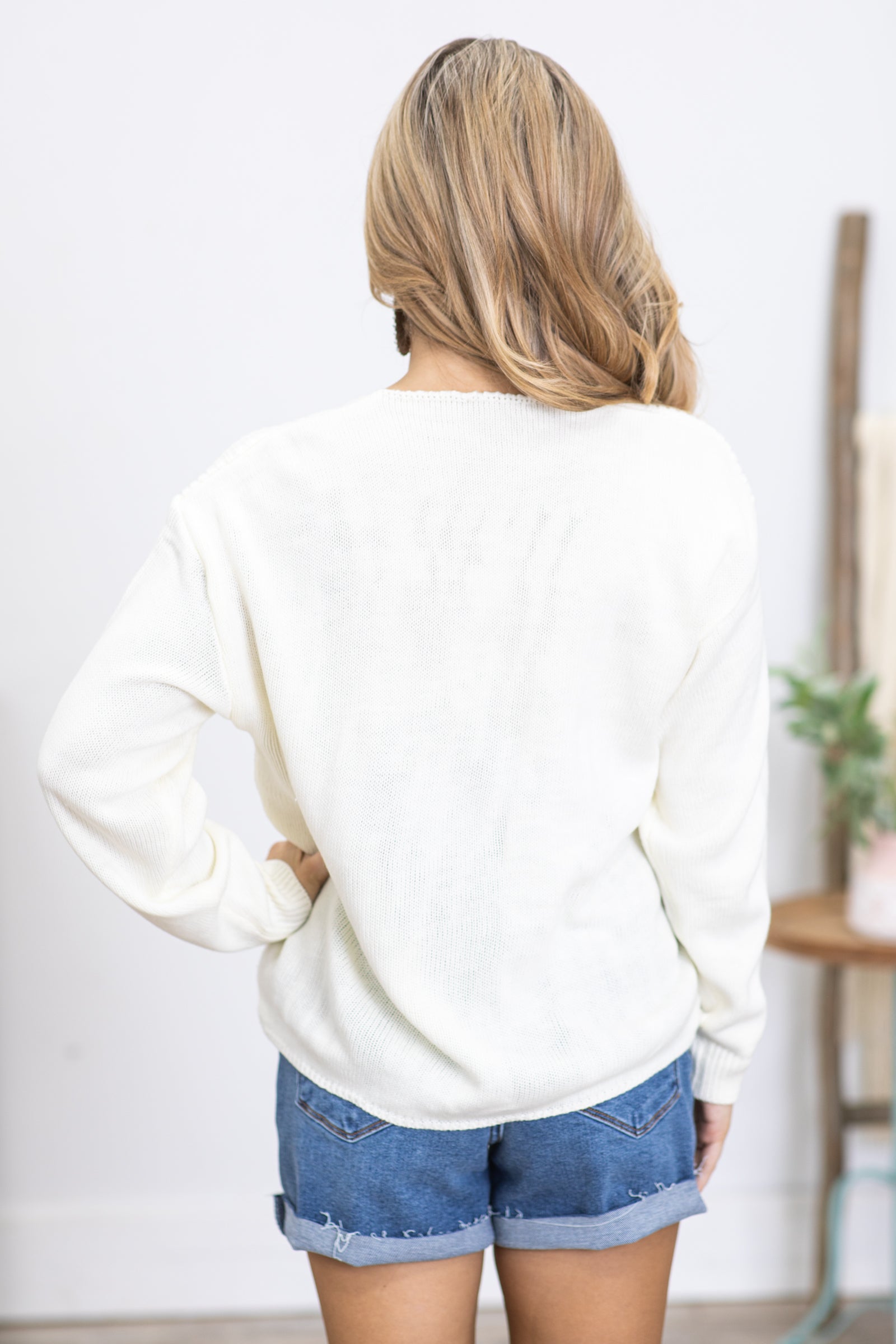 Ivory V-Neck Cable Knit Sweater