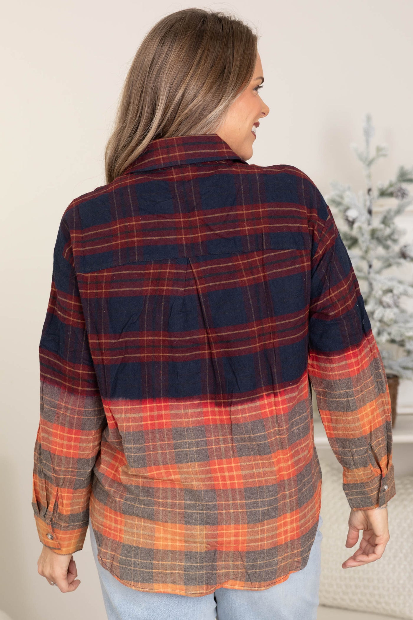 Navy Multicolor Colorblock Plaid Button Up Top