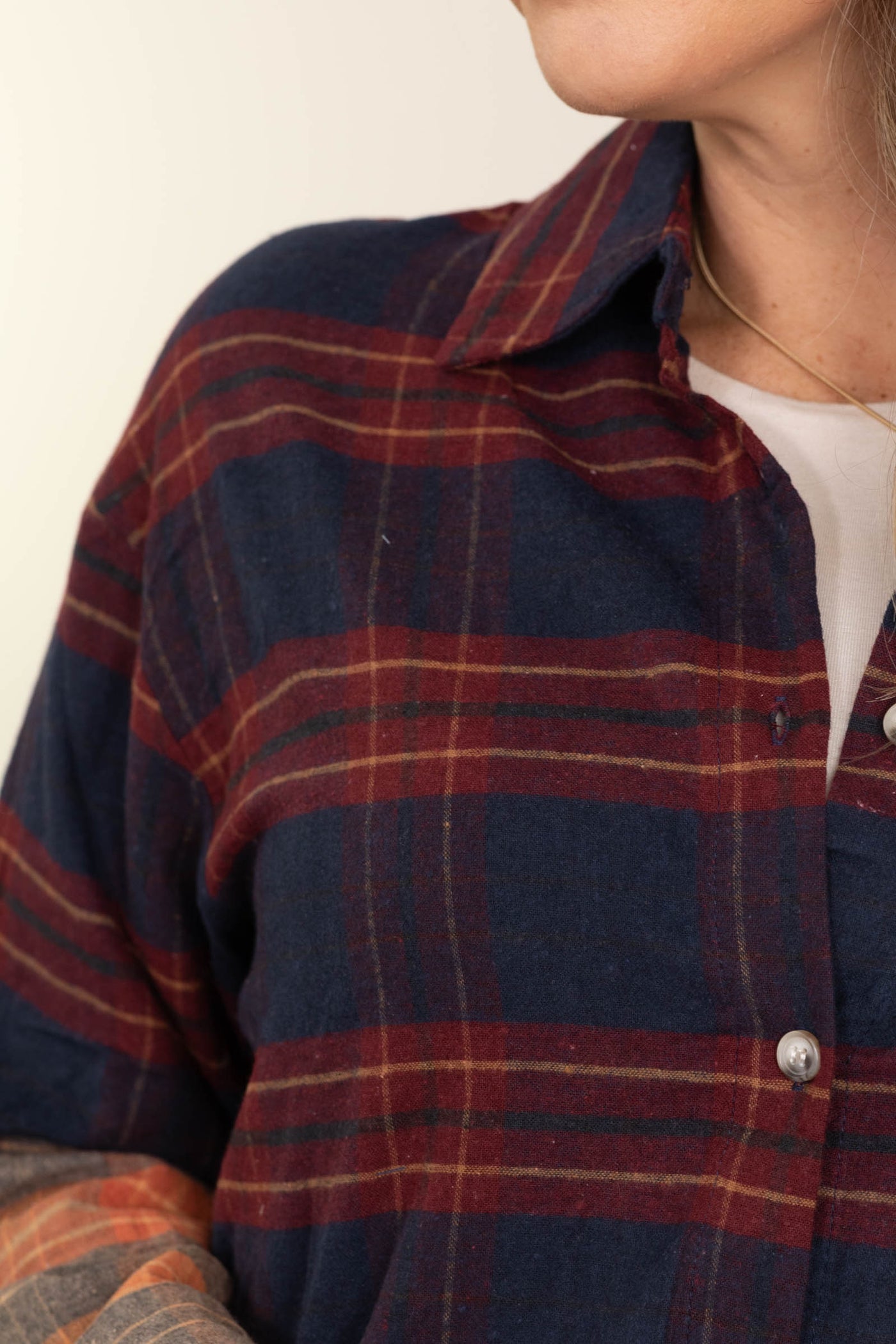 Navy Multicolor Colorblock Plaid Button Up Top