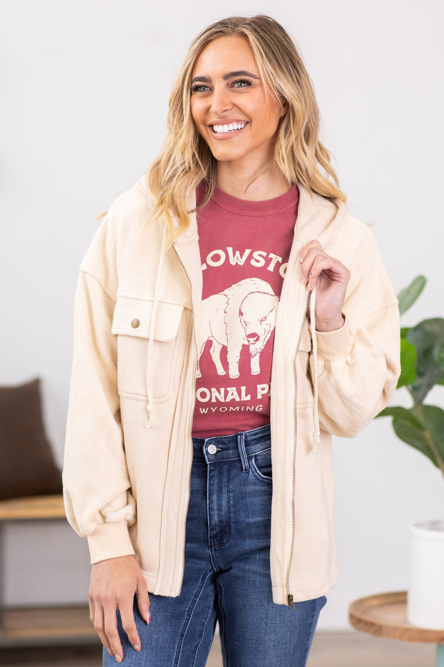 Beige Hooded Full Zip Jacket - Filly Flair