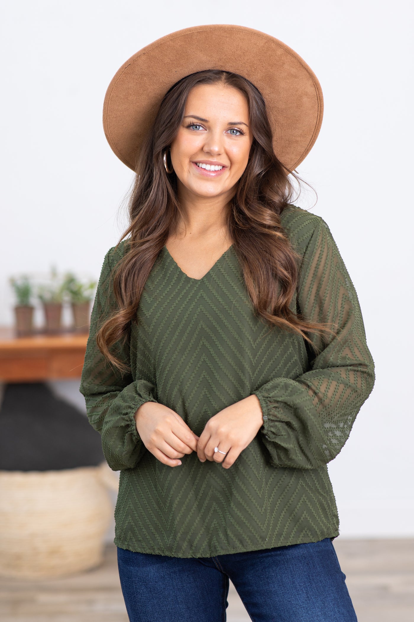 Olive Chevron Textured Long Sleeve Top