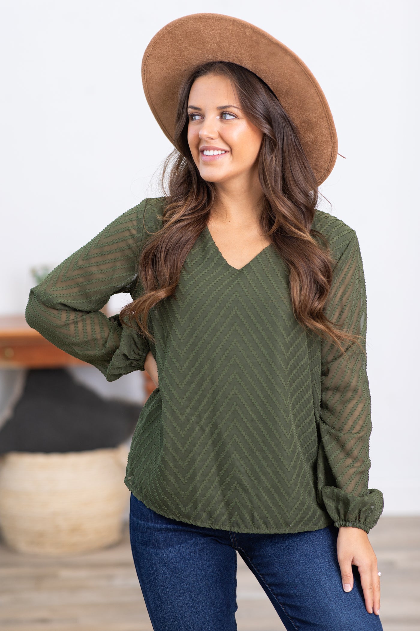 Olive Chevron Textured Long Sleeve Top