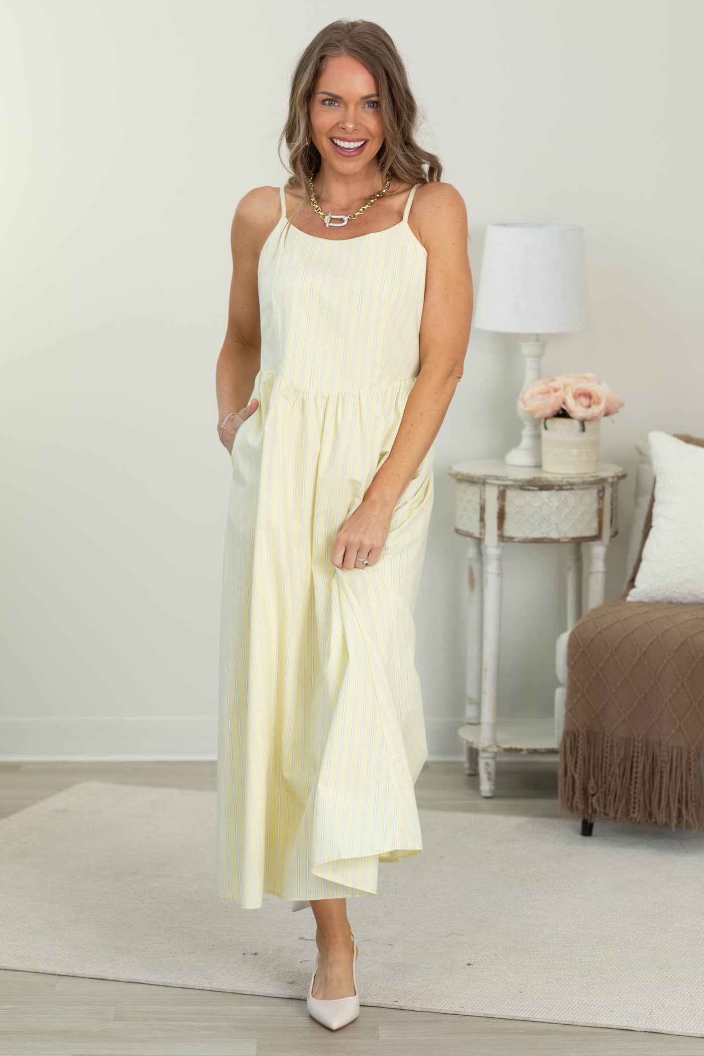 pastel midi dress Pastel Yellow Adjustable Strap Stripe Midi Dress