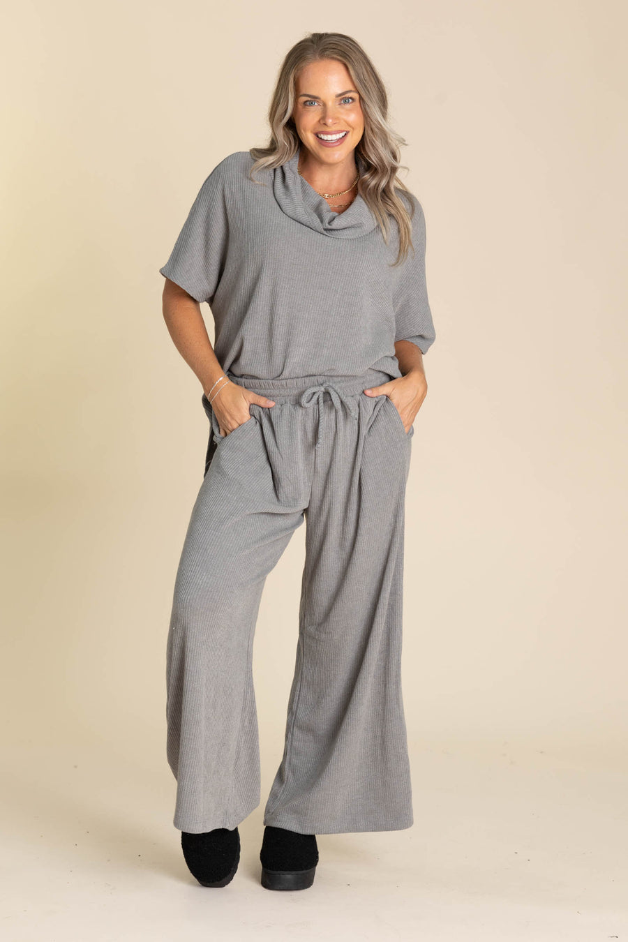 Oversized Short Sleeve Cowl Neck And Pant Sets