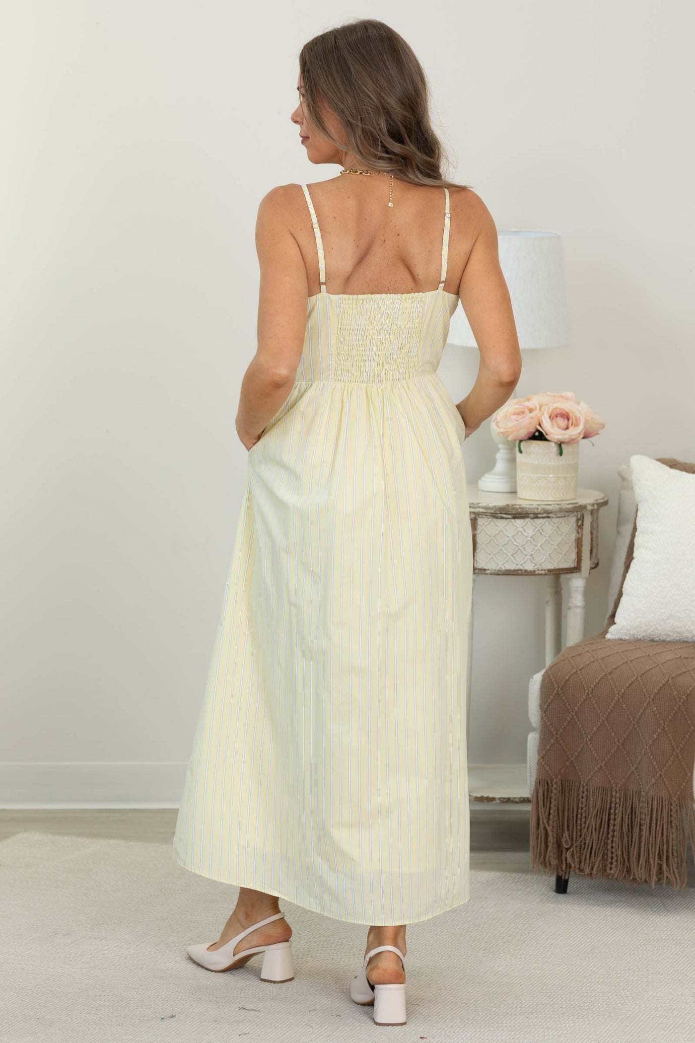Pastel Yellow Adjustable Strap Stripe Midi Dress