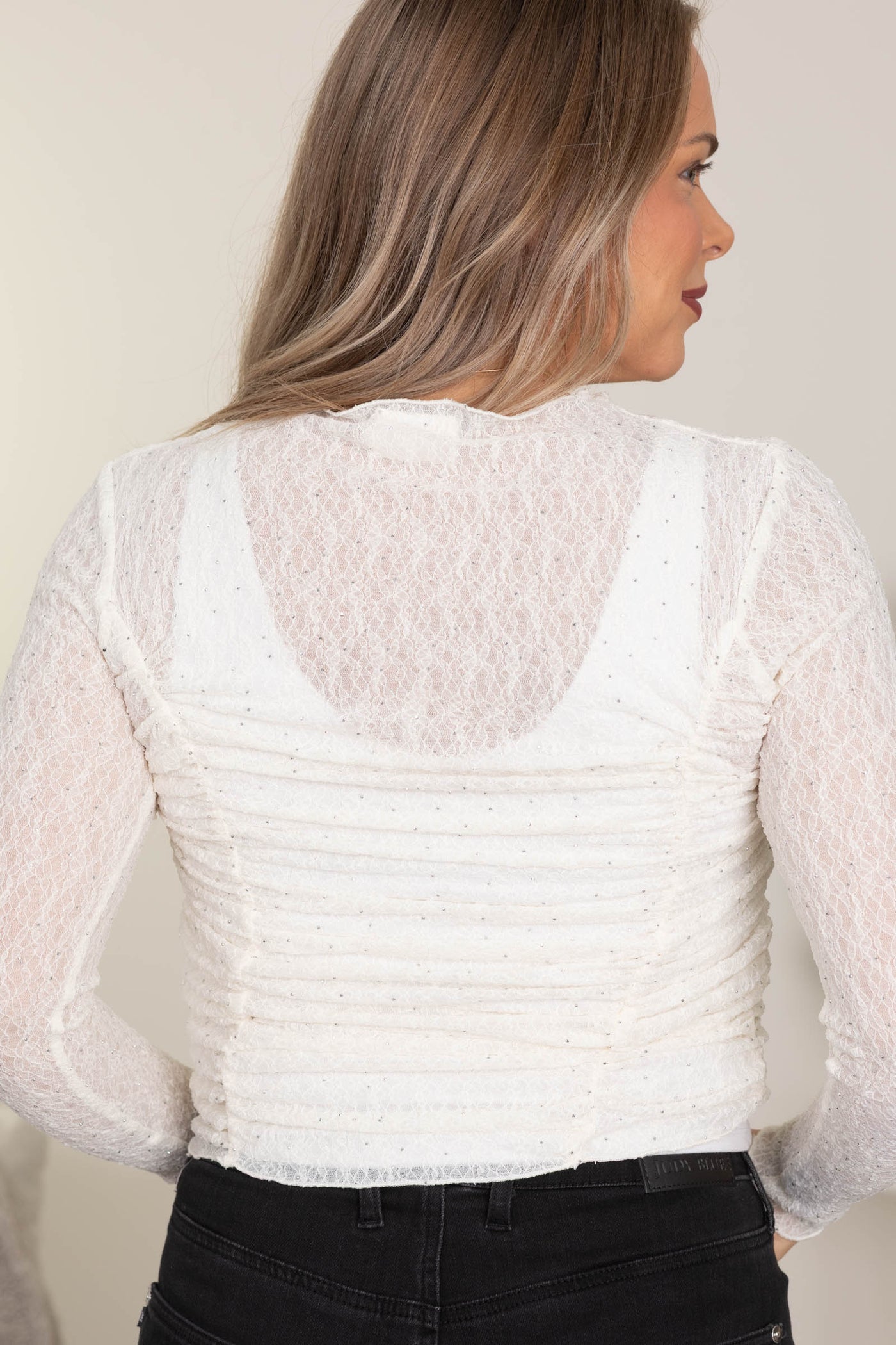 Cream Embellished Lace With Ruched Knit Top