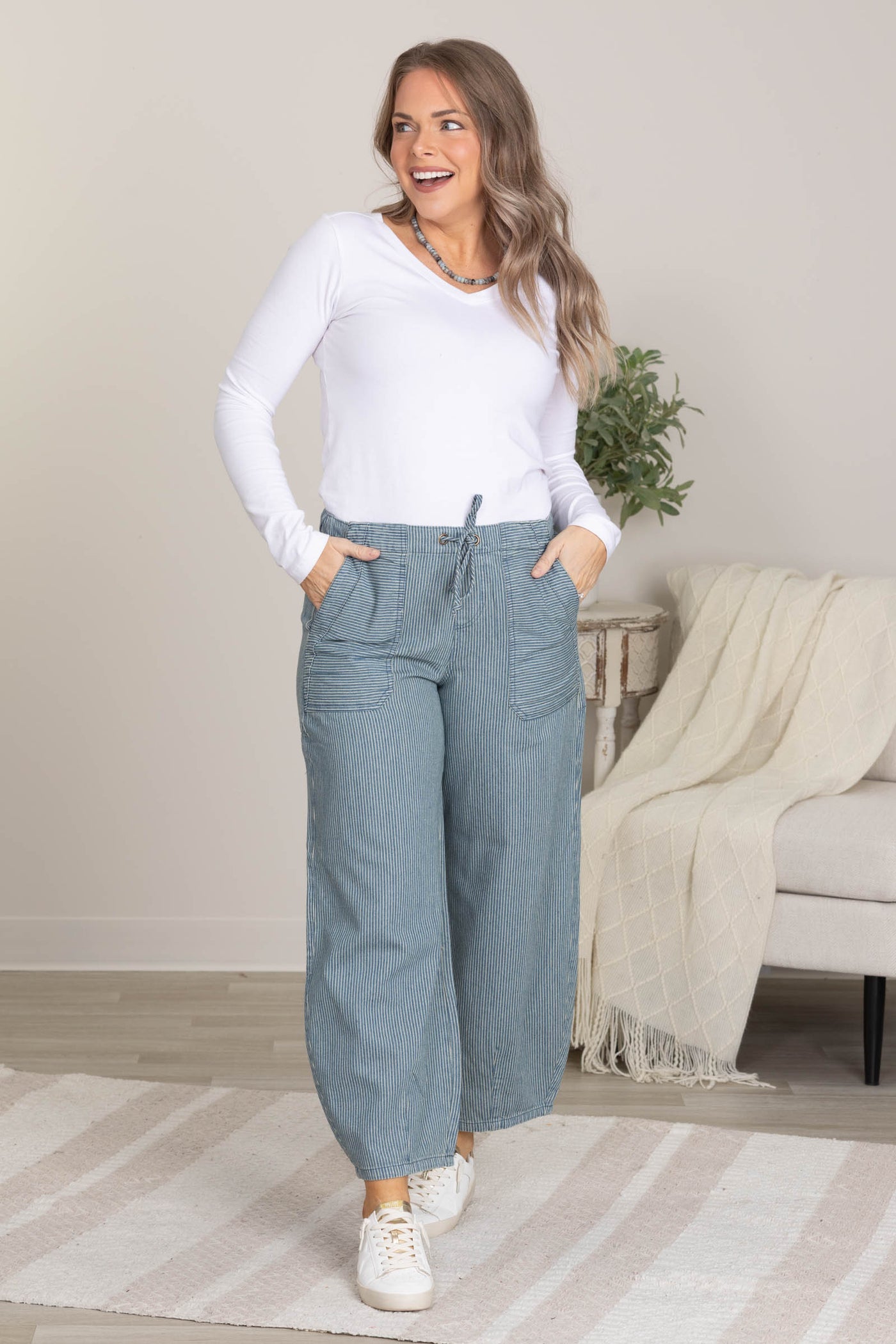 Denim Stripe Waist Tie Parachute Pants