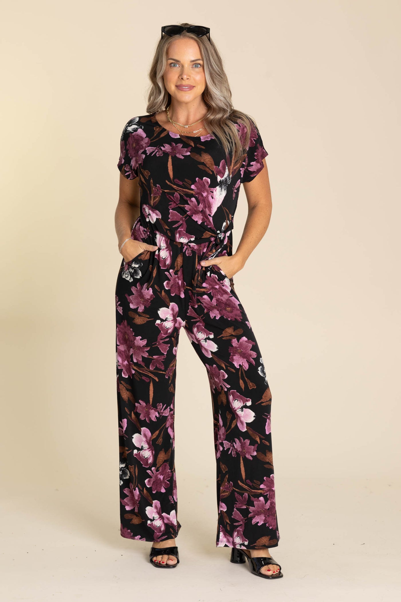 Black And Plum Floral Short Sleeve Jumpsuit · Filly Flair