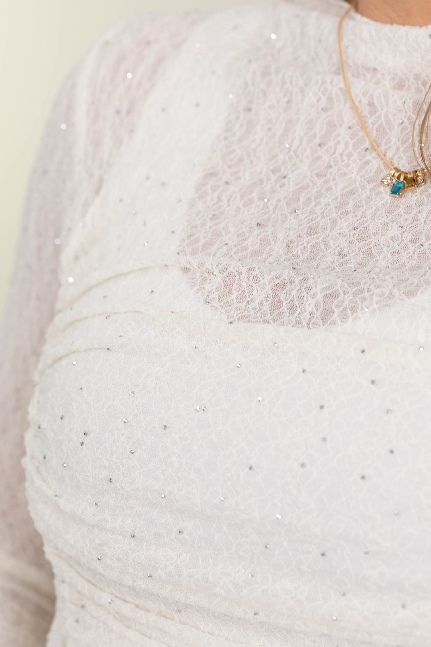 Cream Embellished Lace With Ruched Knit Top