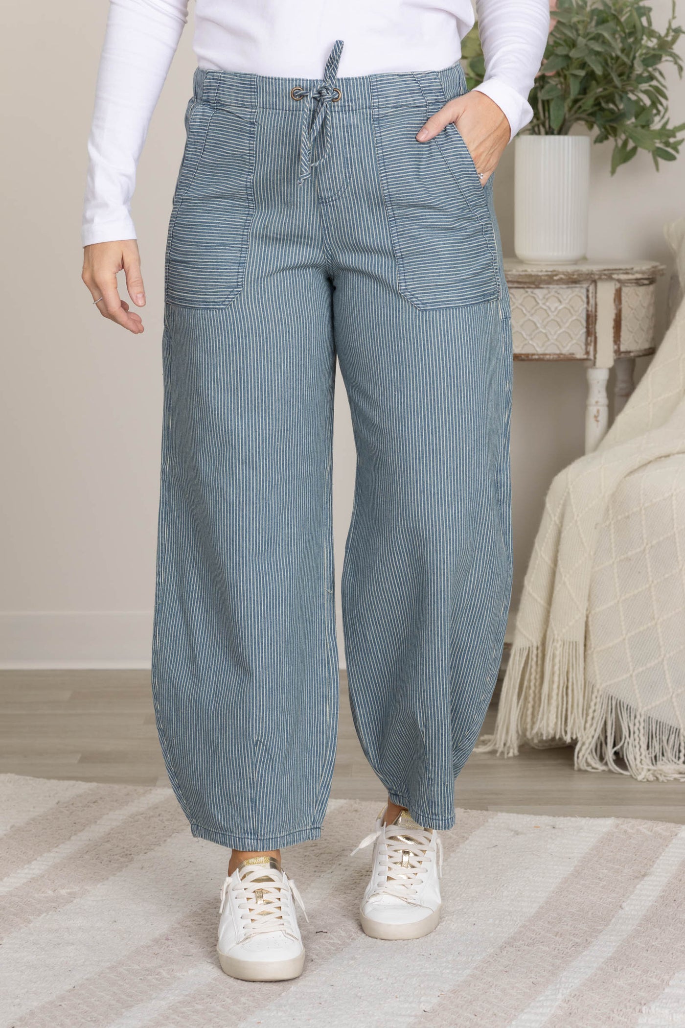 Denim Stripe Waist Tie Parachute Pants