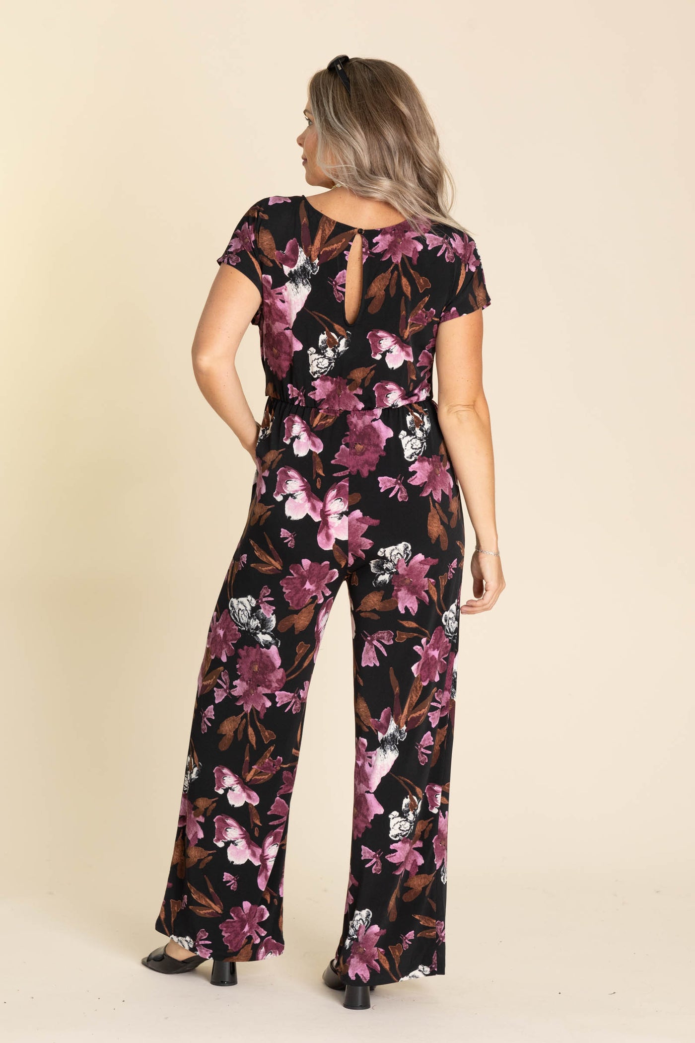 Black And Plum Floral Short Sleeve Jumpsuit