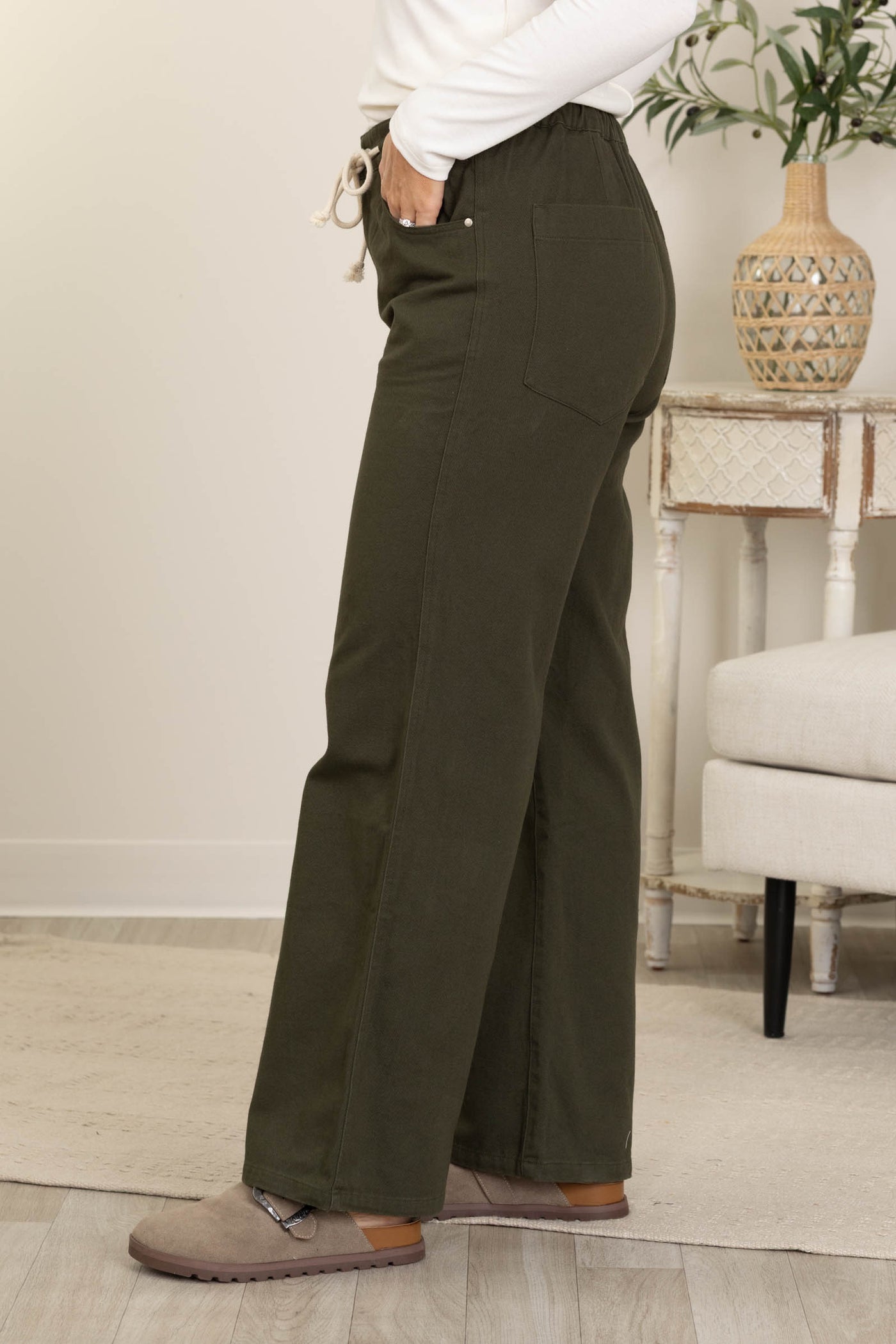 Olive Elastic Waist Straight Leg Pants