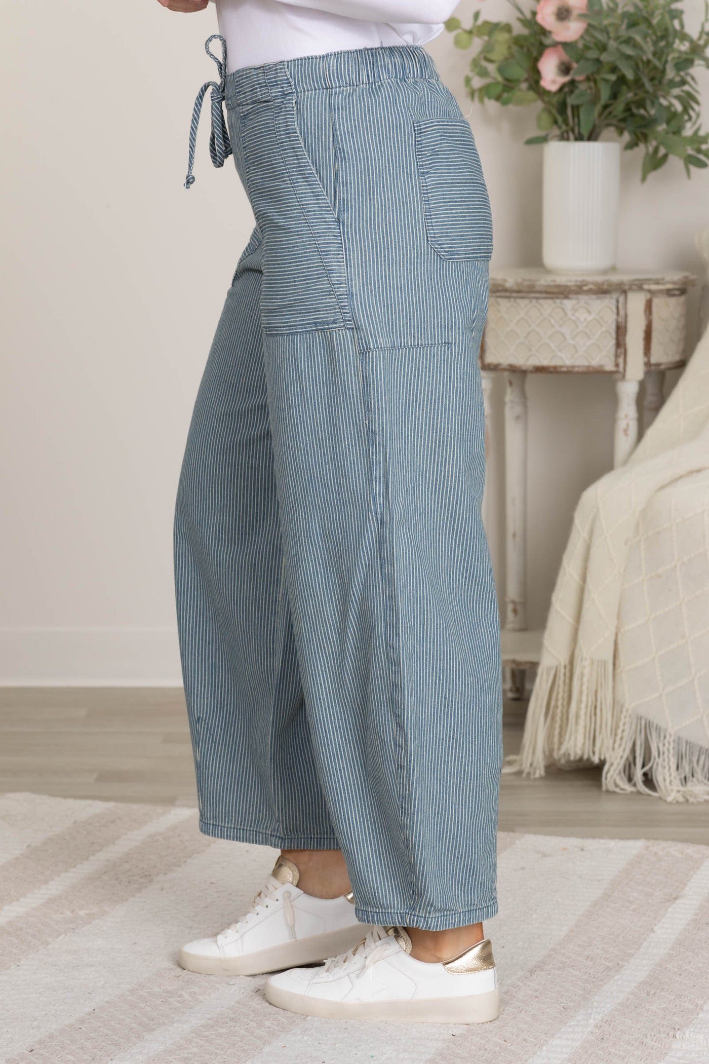 Denim Stripe Waist Tie Parachute Pants