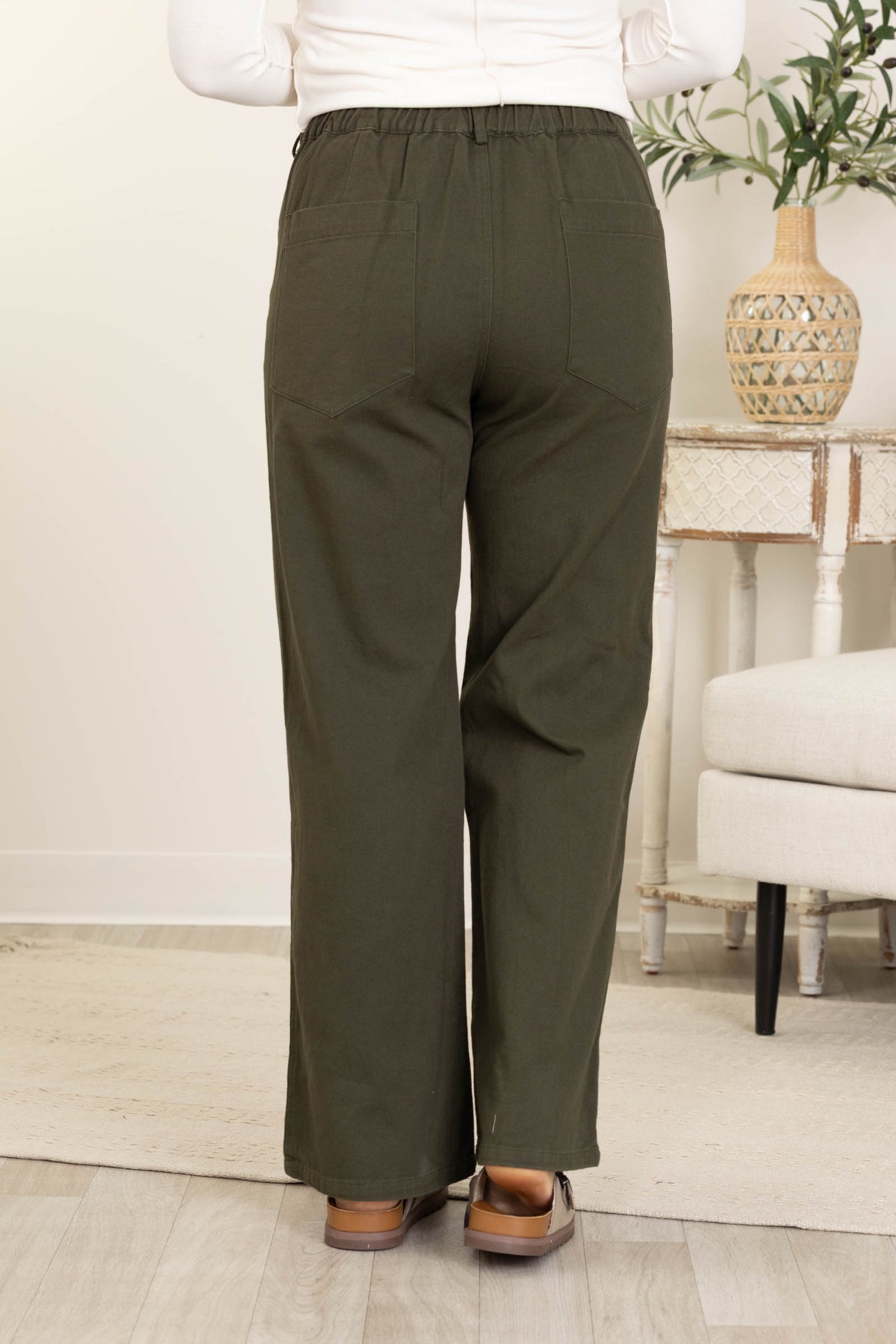 Olive Elastic Waist Straight Leg Pants