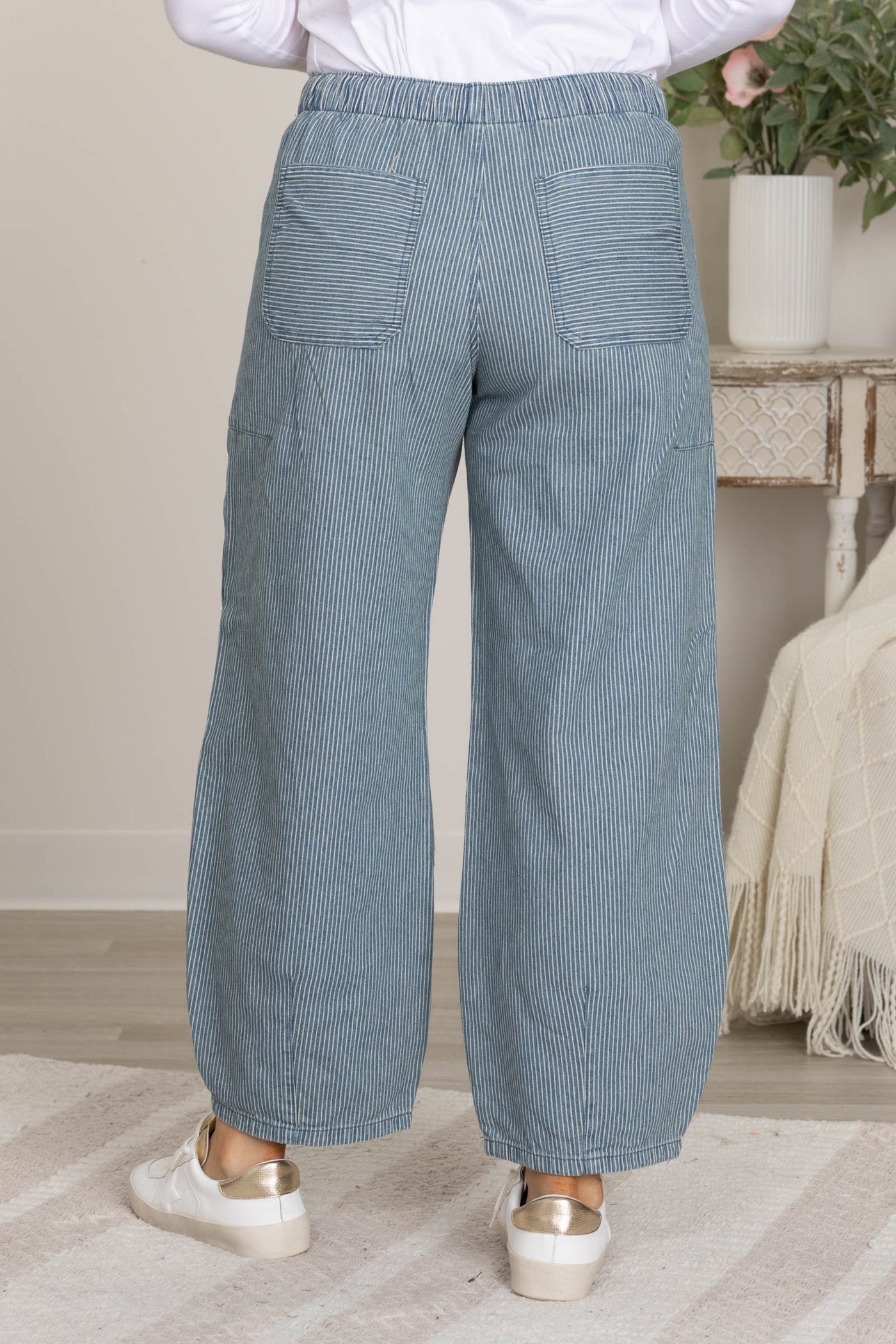 Denim Stripe Waist Tie Parachute Pants