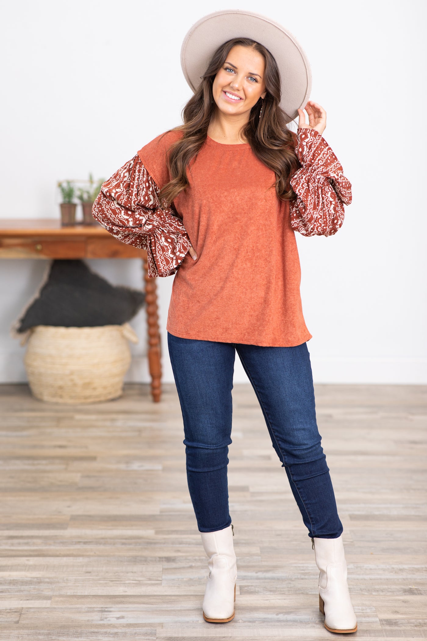 Rust Top With Aztec Print Balloon Sleeves