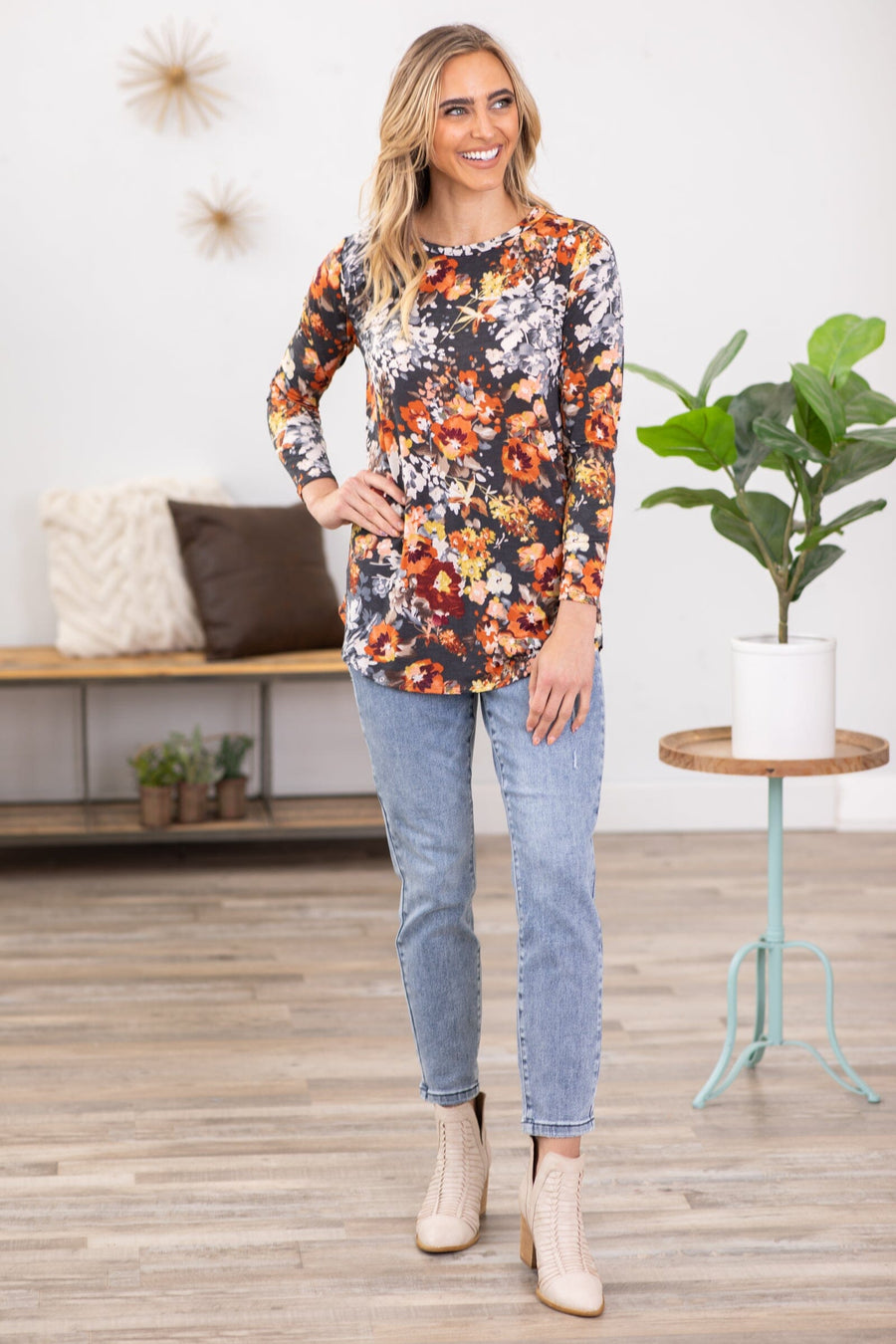 Charcoal and Orange Floral Print Top - Filly Flair