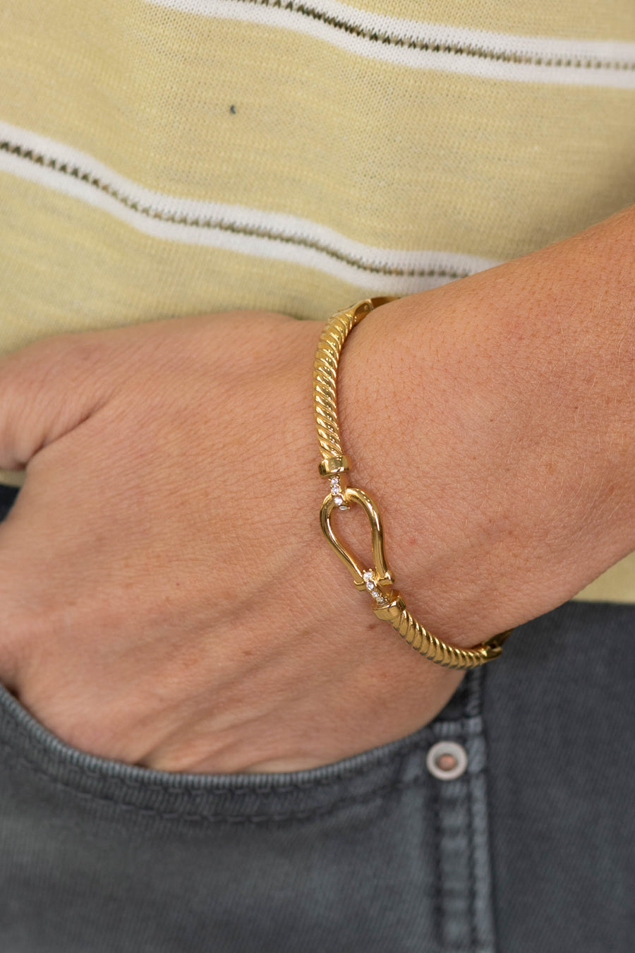 Ribbed Metal Hinged Bangle Bracelet Horse Bit Detail