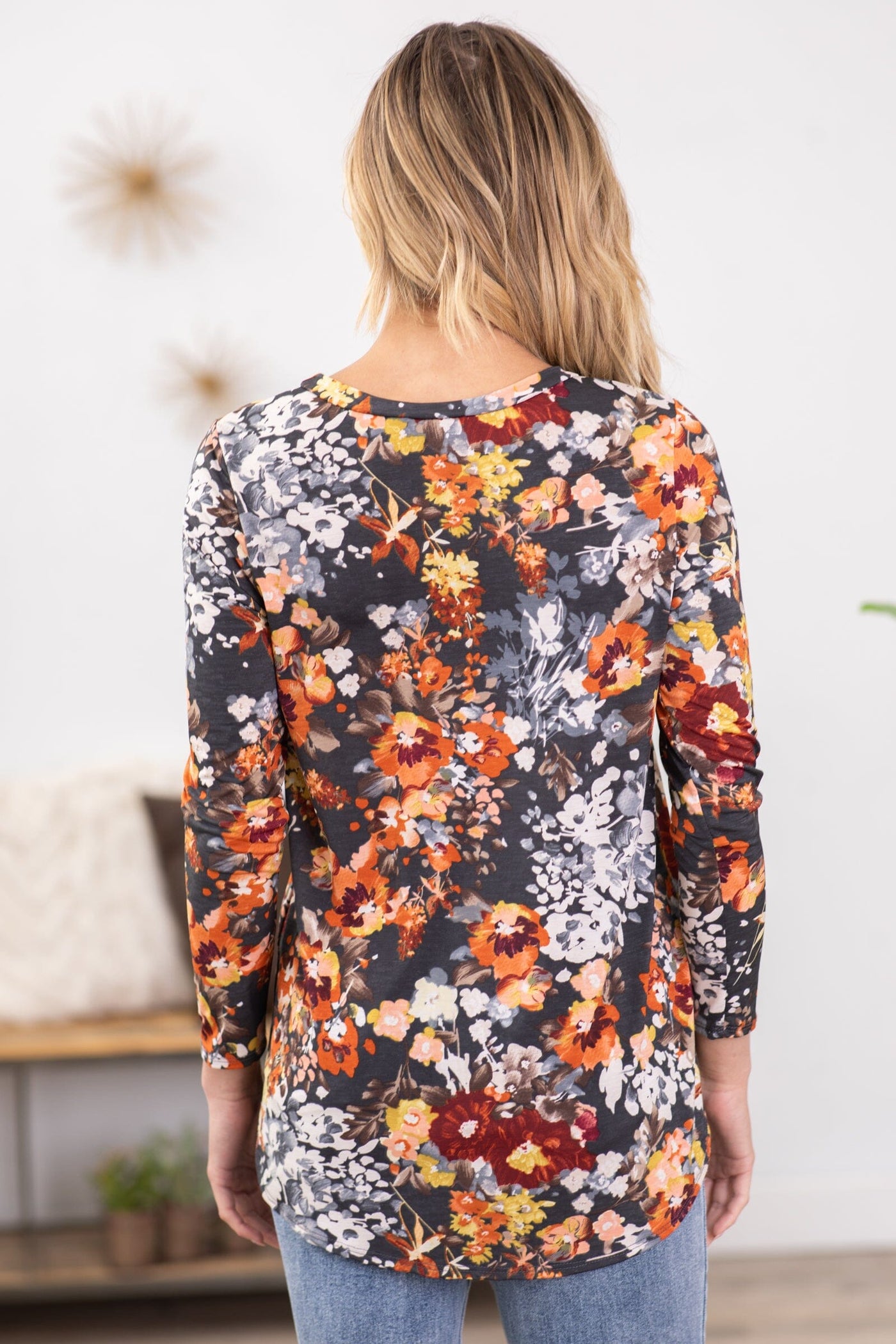 Charcoal and Orange Floral Print Top - Filly Flair