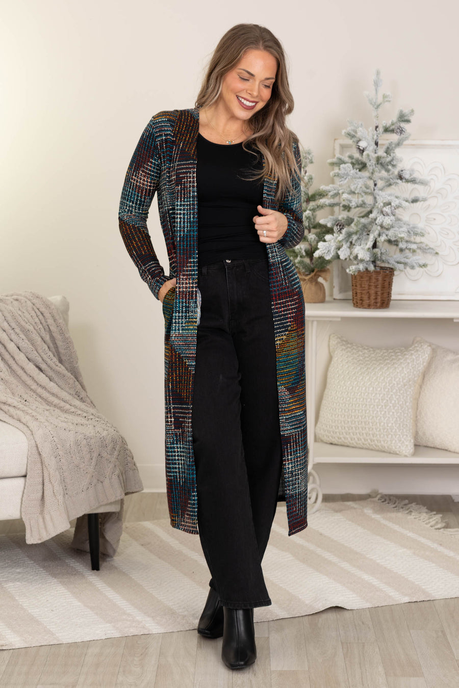 Navy Abstract Duster Cardigan With Side Slits