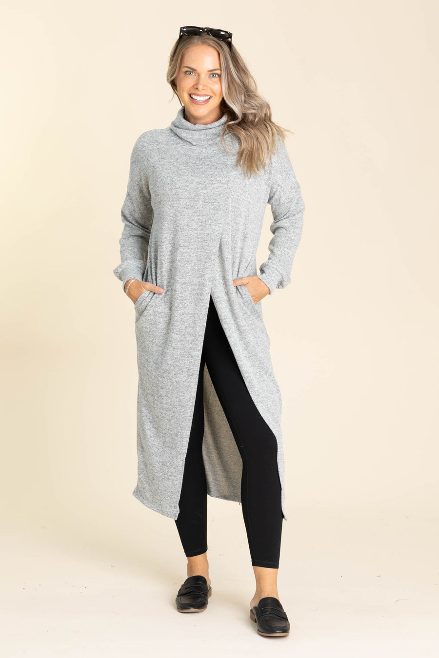 Grey Soft Knit Mock Neck Asymmetrical Long Top