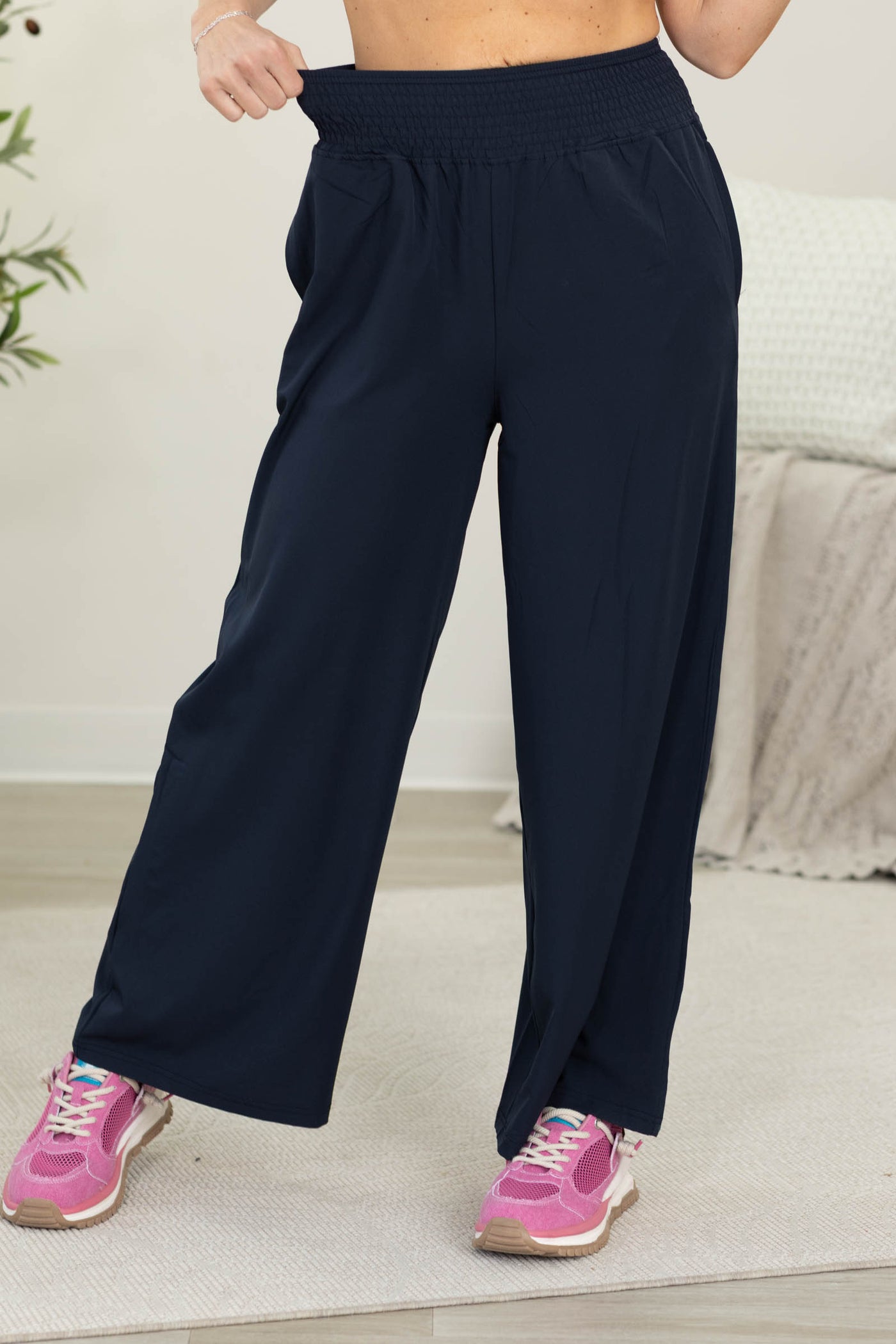 Navy Wide Leg Pants with Elastic Waist Band