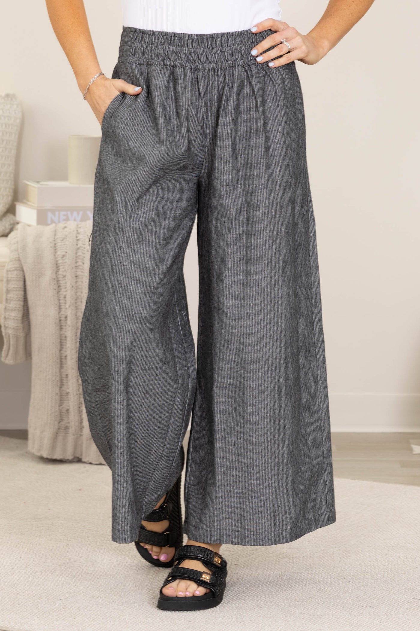 Black Soft Washed Pinstriped Wide Leg Pants