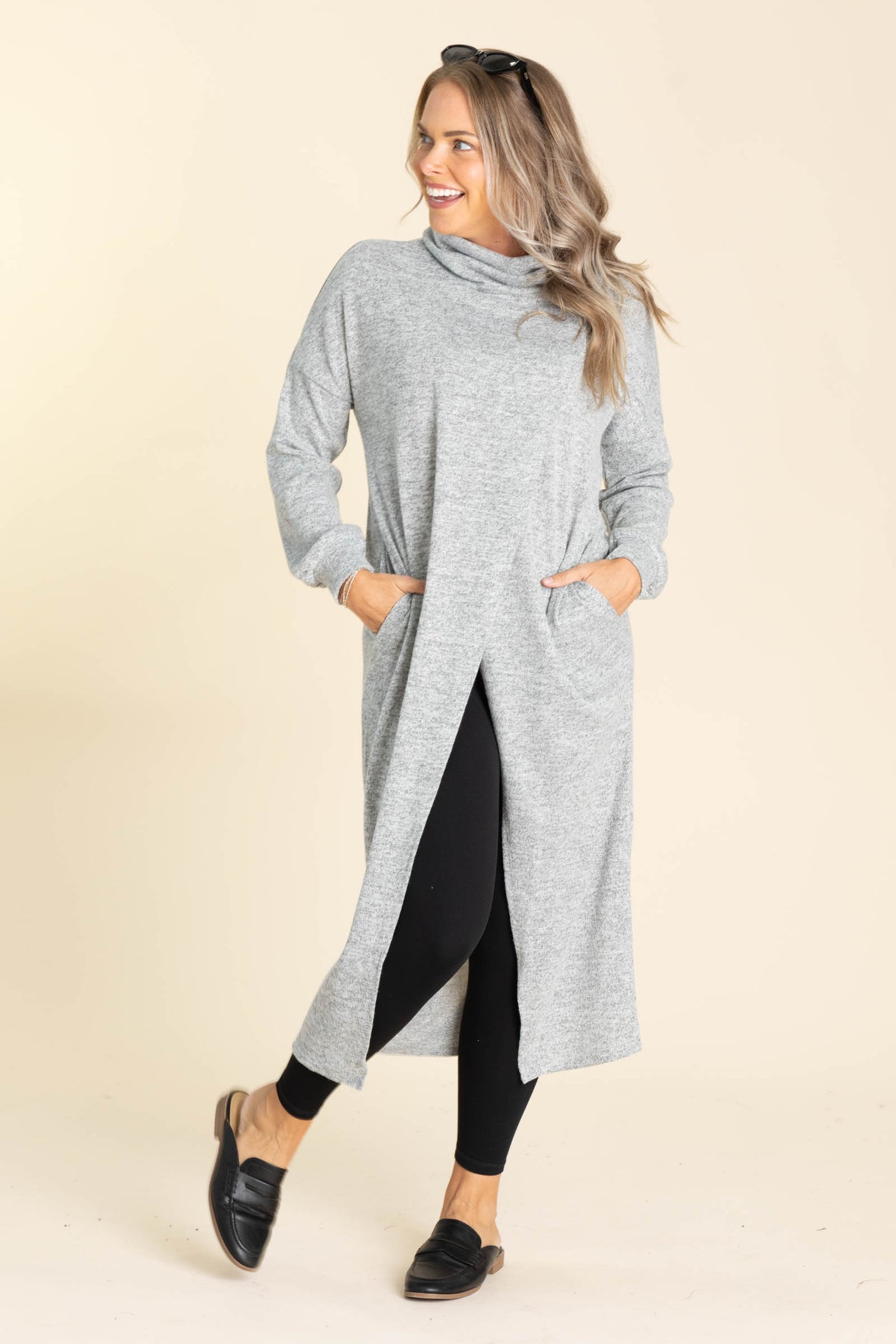 Grey Soft Knit Mock Neck Asymmetrical Long Top