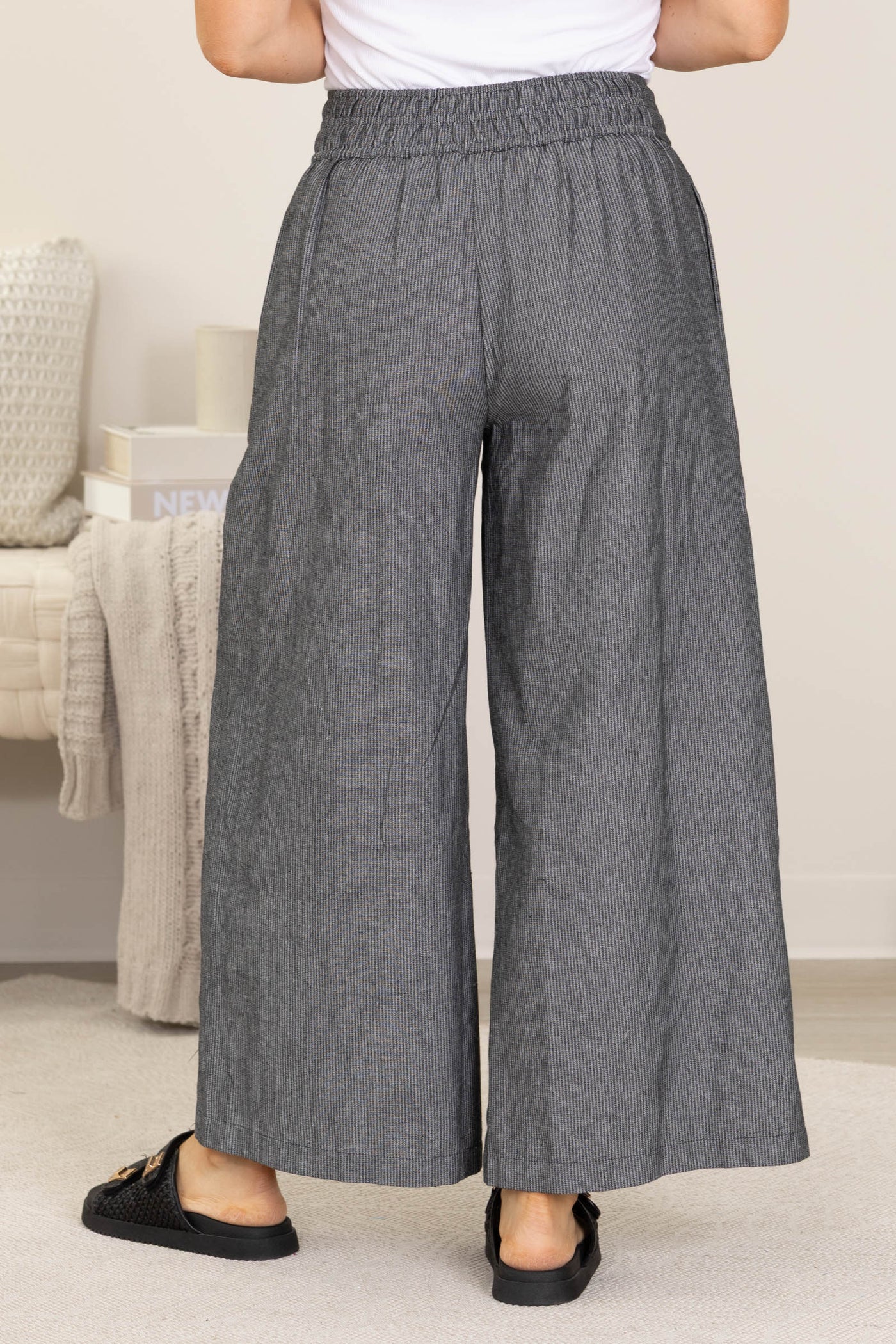 Black Soft Washed Pinstriped Wide Leg Pants