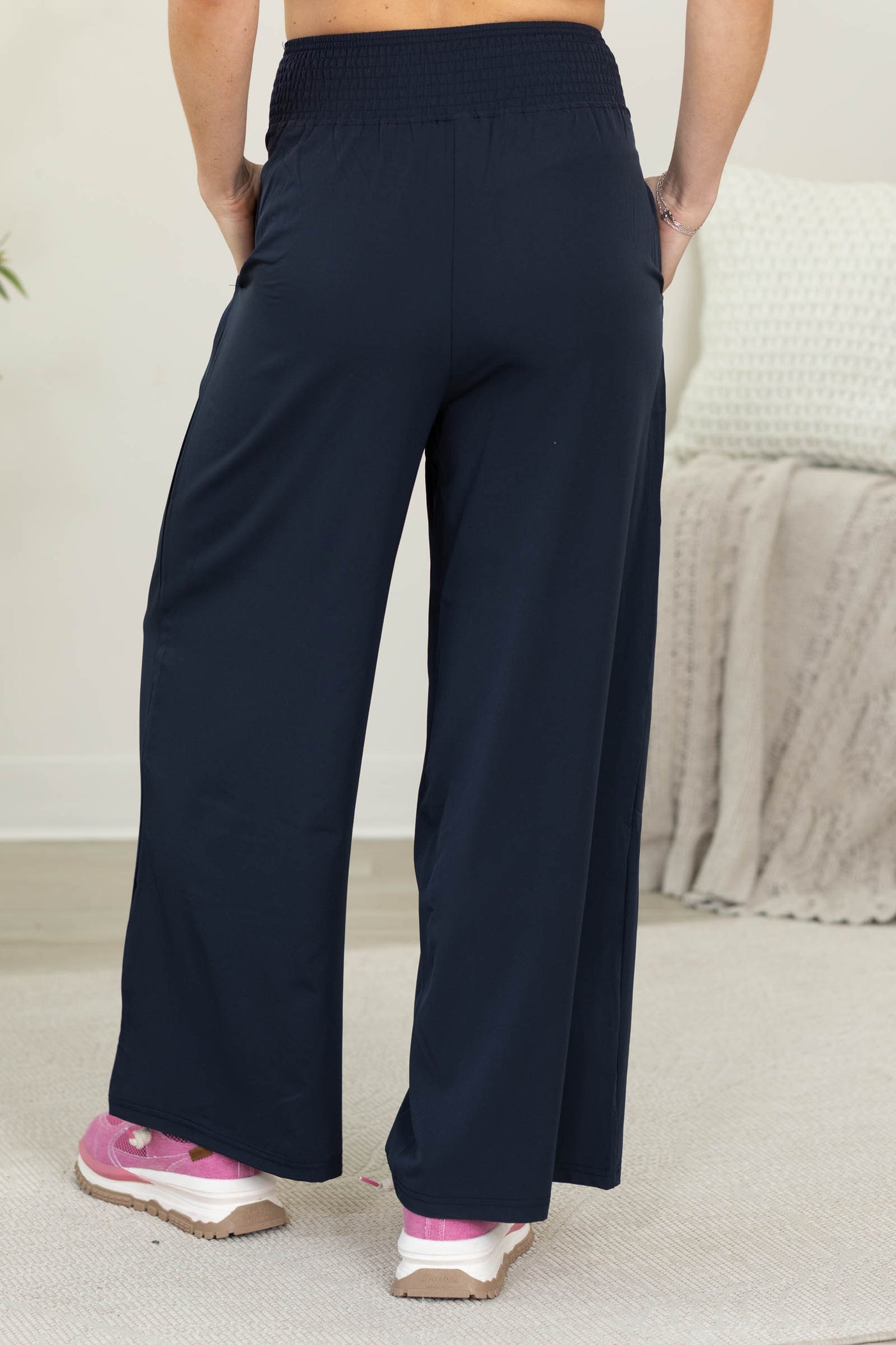 Navy Wide Leg Pants with Elastic Waist Band