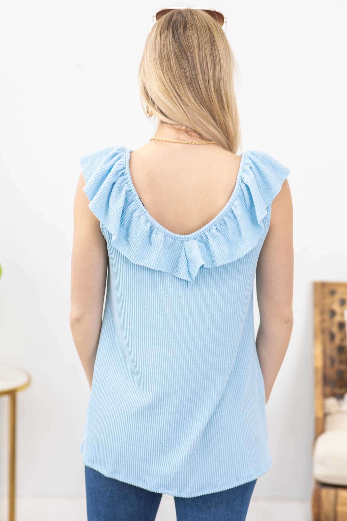Baby Blue Ruffled V-Neck Ribbed Knit Top · Filly Flair