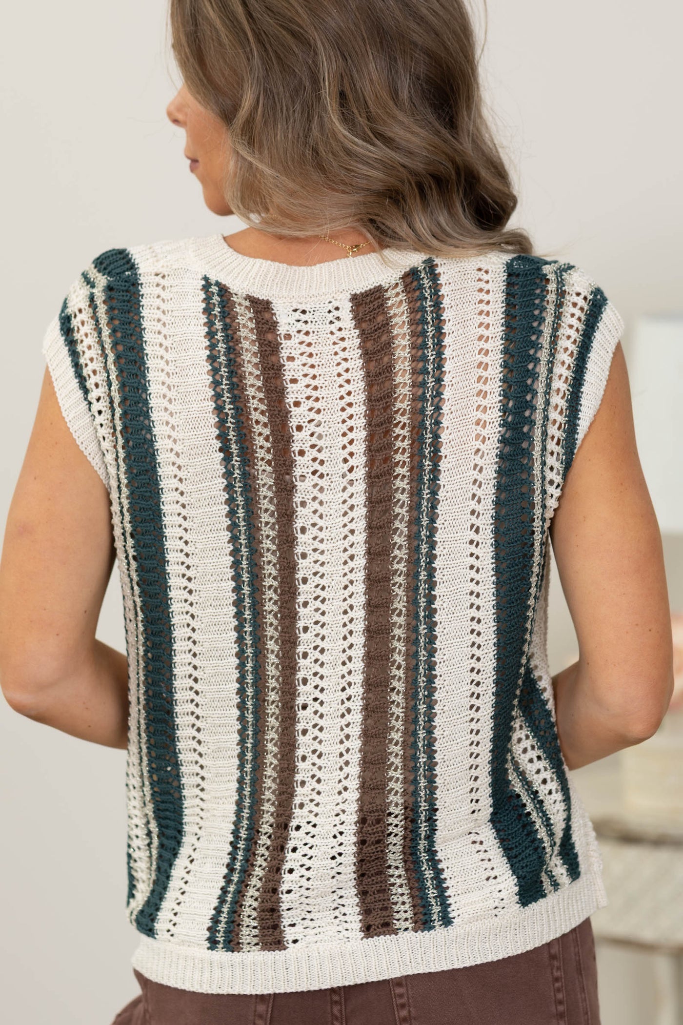 Teal and Ivory Vertical Striped Crochet Knit Vest