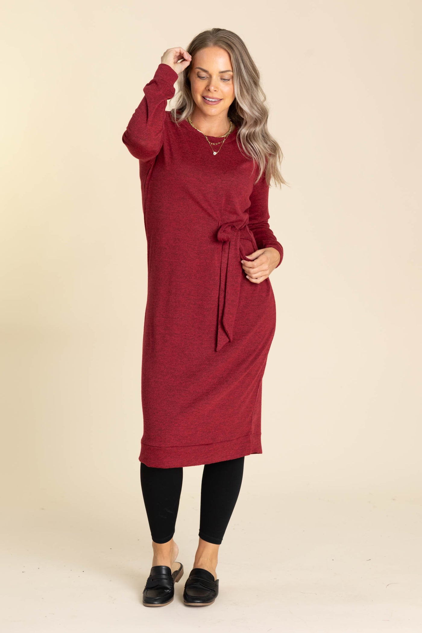 Soft Knit Long Sleeve Midi Dresses With Bow