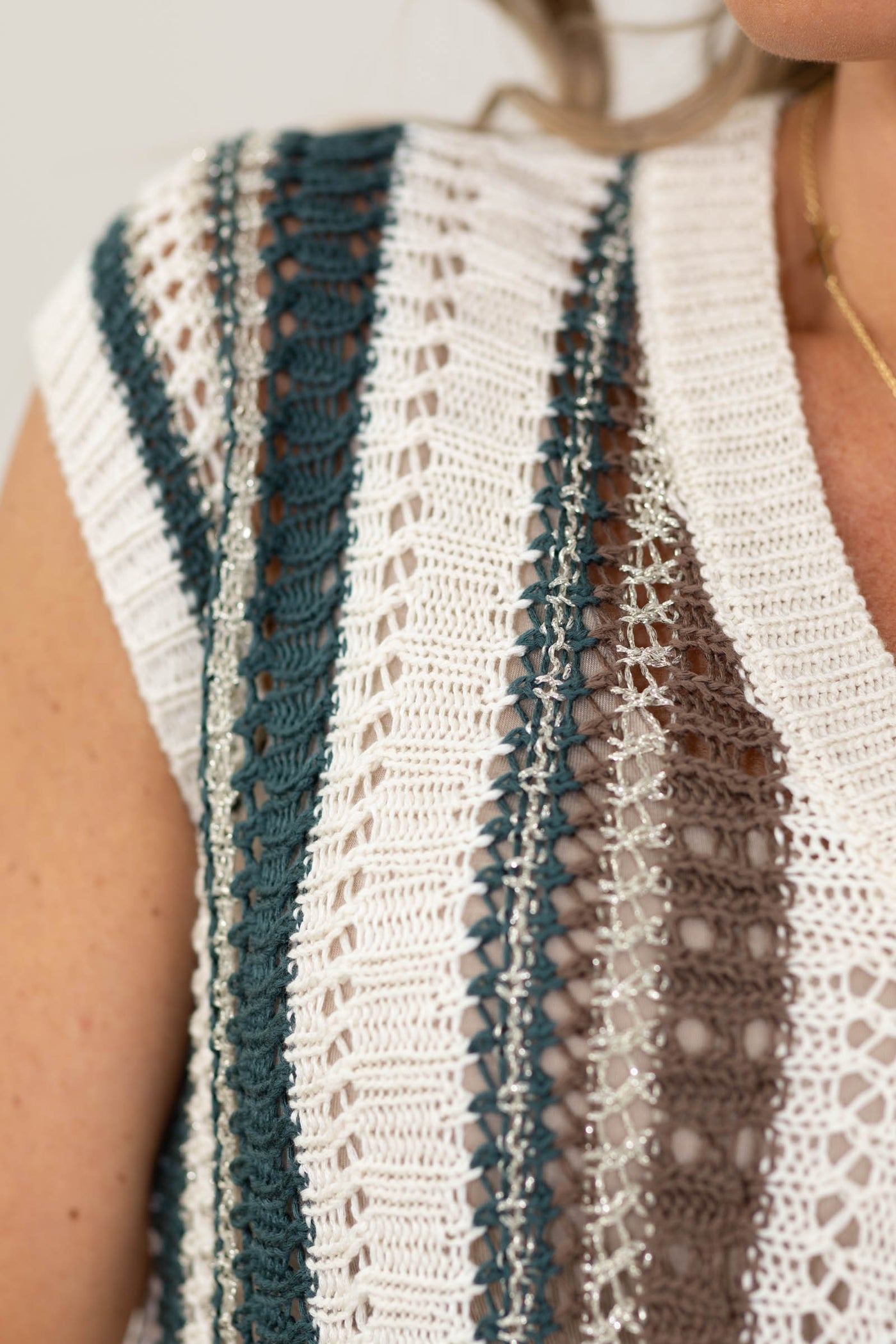 Teal and Ivory Vertical Striped Crochet Knit Vest