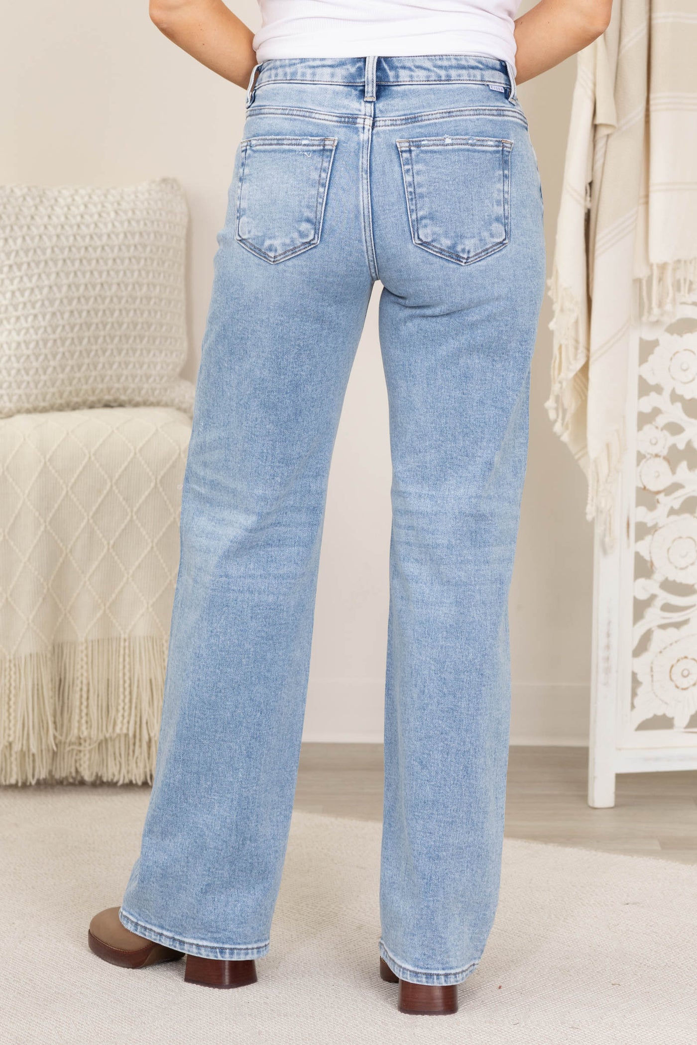 Risen Medium Wash Low Rise Wide Leg Jeans