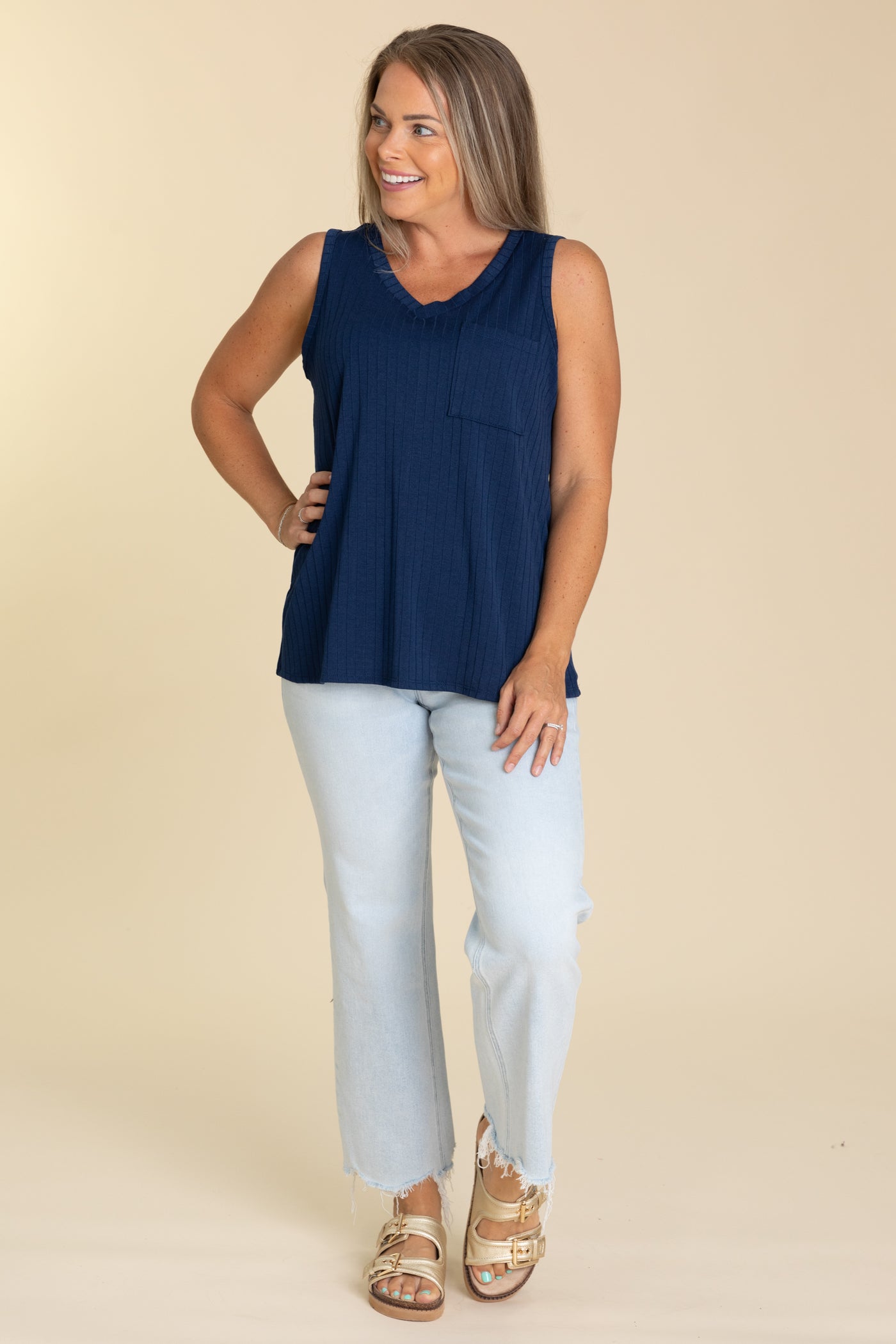 Ribbed V-Neck Tank With Pocket Detail