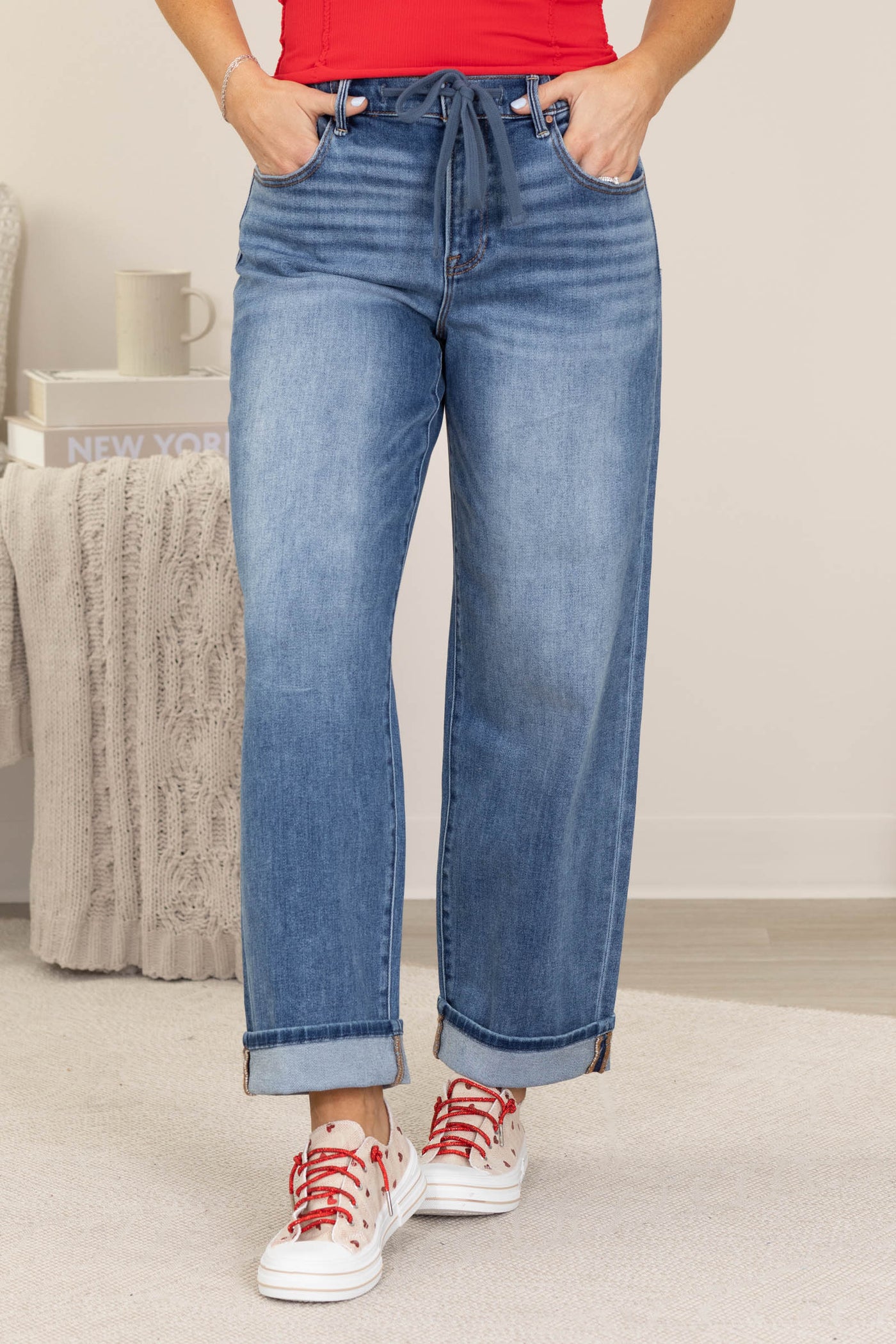 Risen Elastic Band Ankle Boyfriend Cuff Hem Jeans