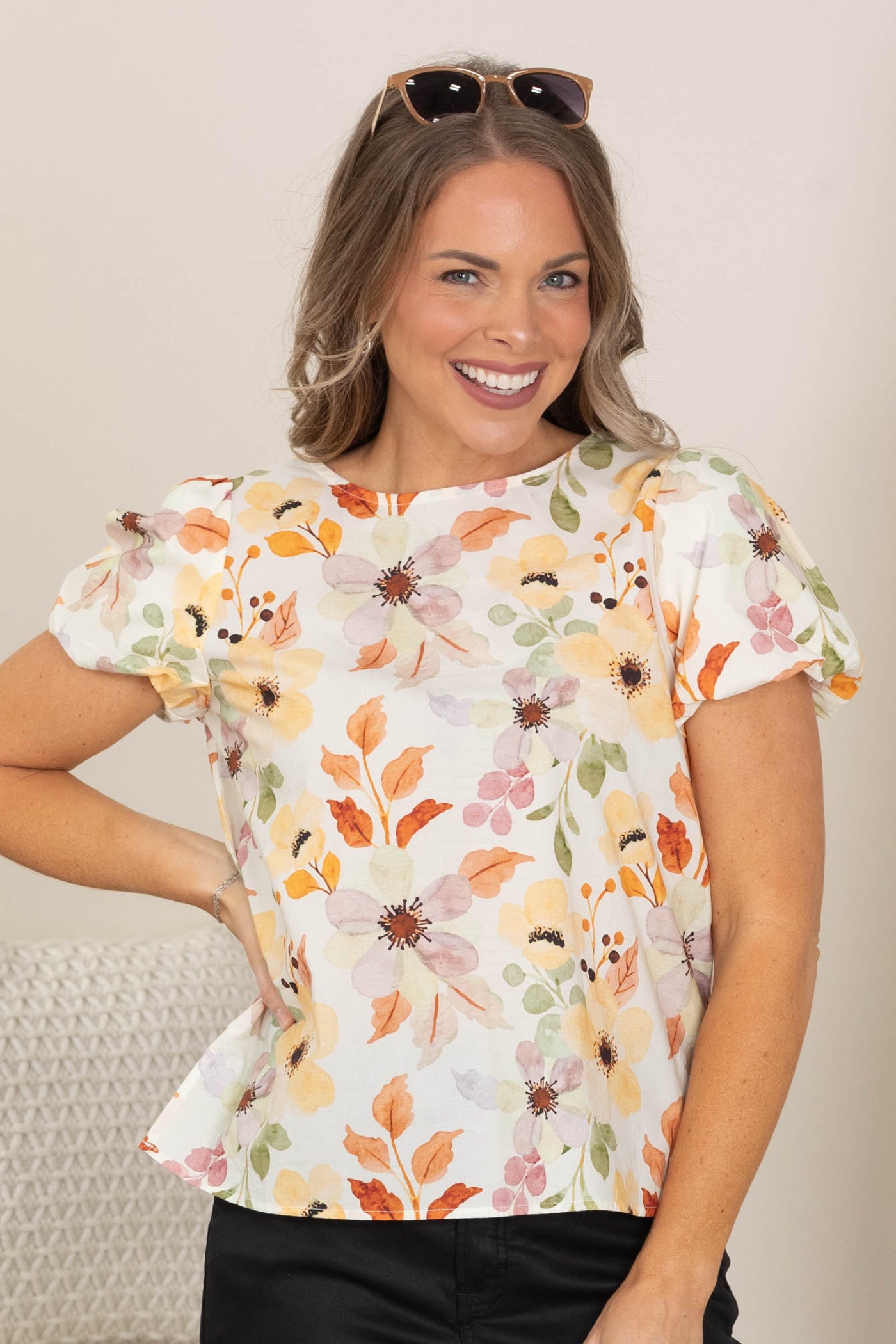 Balloon Sleeve Floral Printed Woven Top