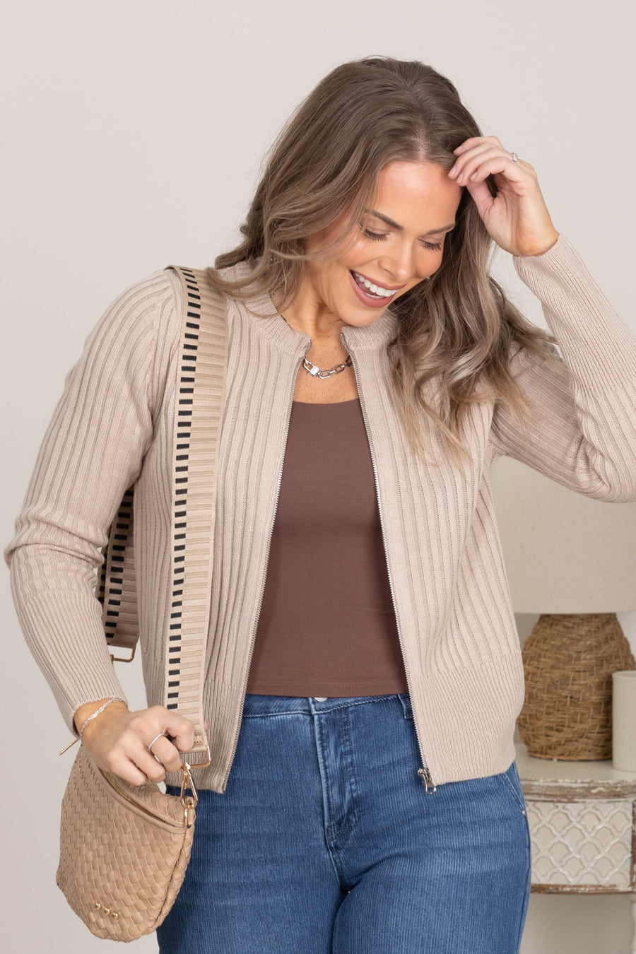 Ash Mocha Two Tone Zip Up Sweater