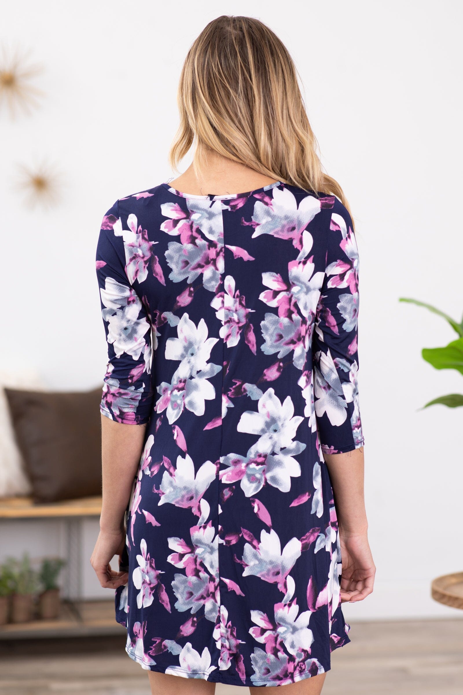 Navy and Orchid Floral Dress With Pockets - Filly Flair
