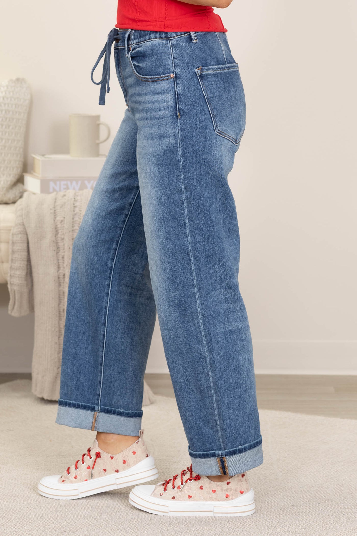 Risen Elastic Band Ankle Boyfriend Cuff Hem Jeans