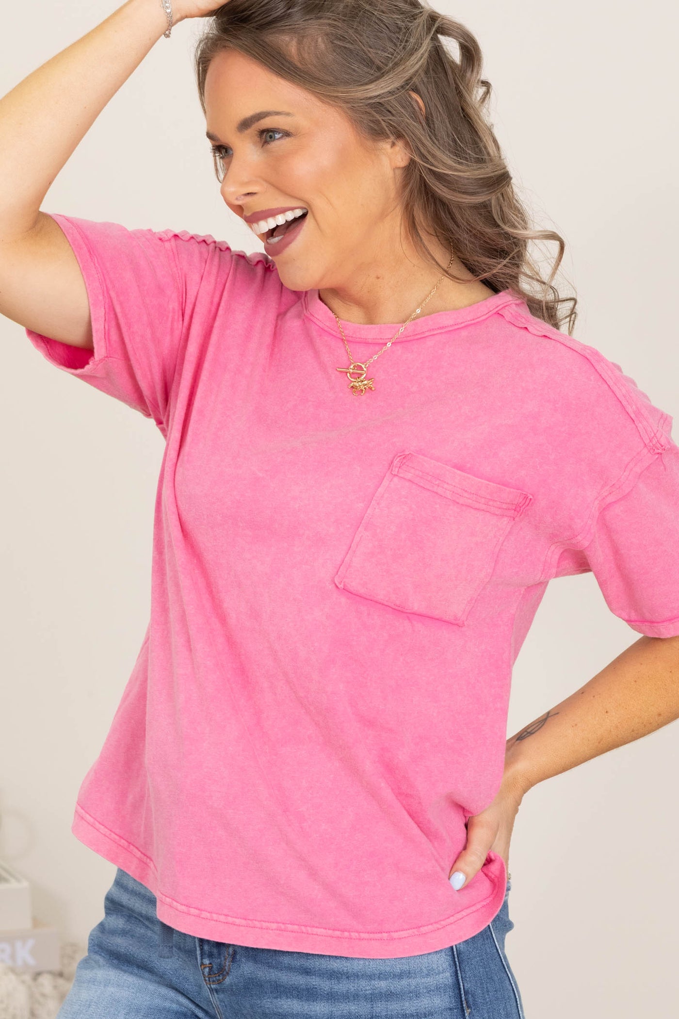 Mineral Washed Knit Tops With Pocket