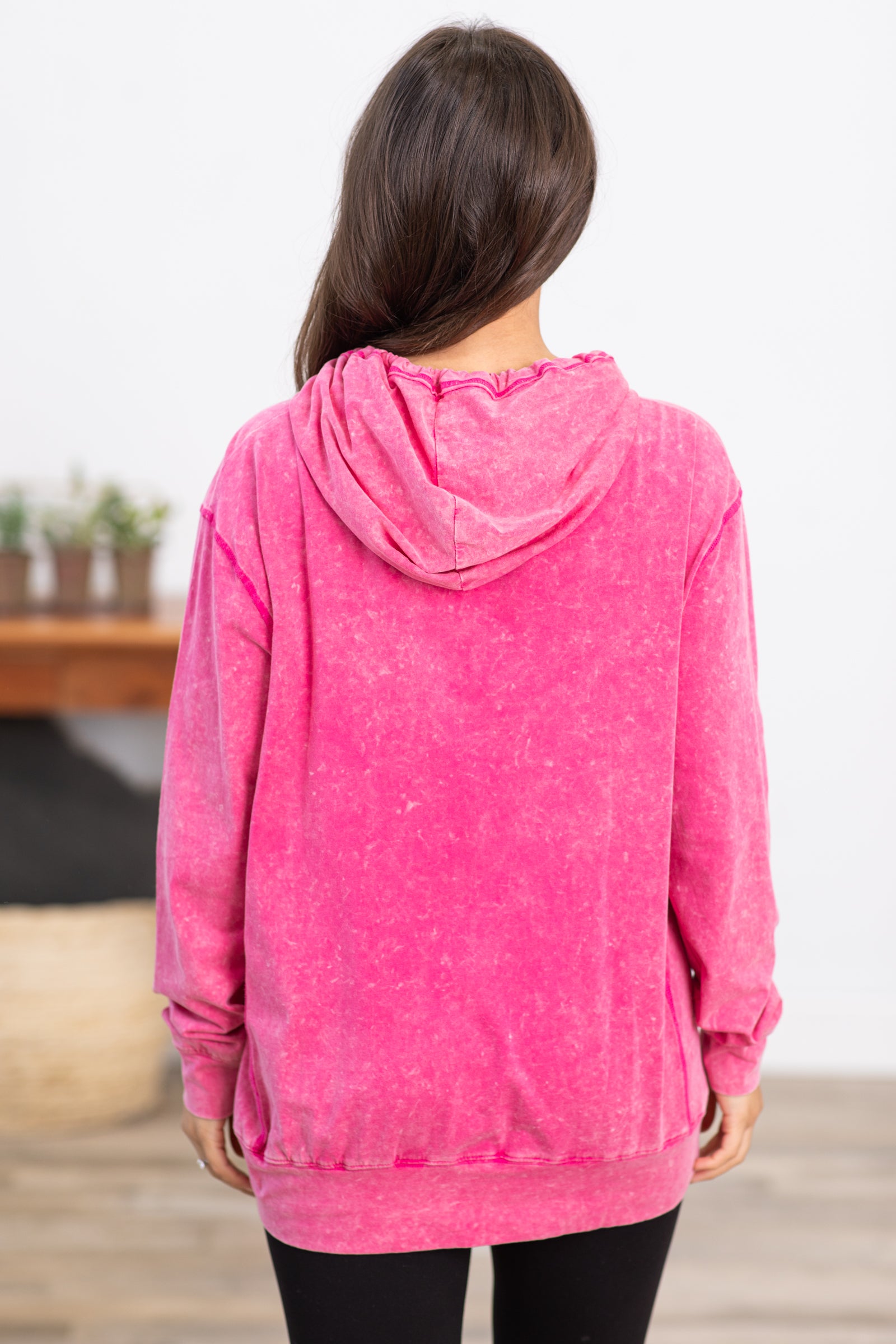 Hot Pink Mineral Wash Hooded Long Sleeve Top