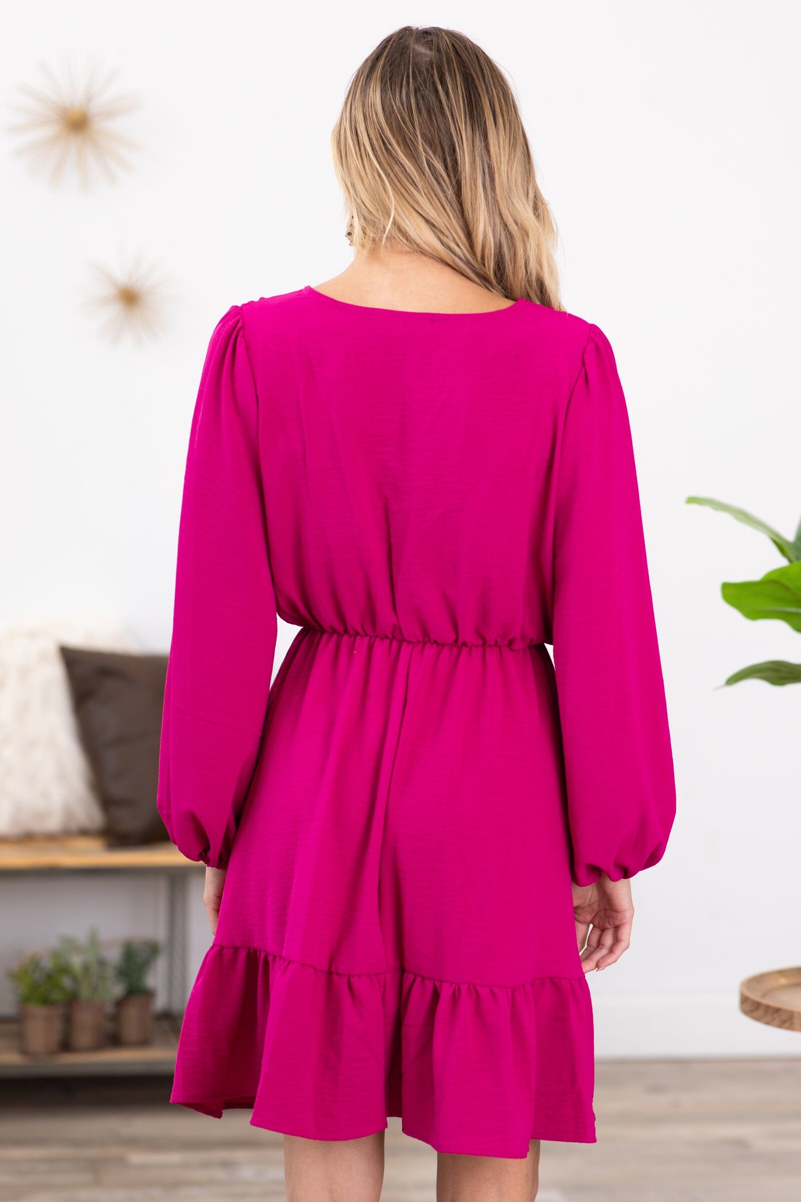 Fuchsia Long Sleeve Elastic Waist Dress - Filly Flair