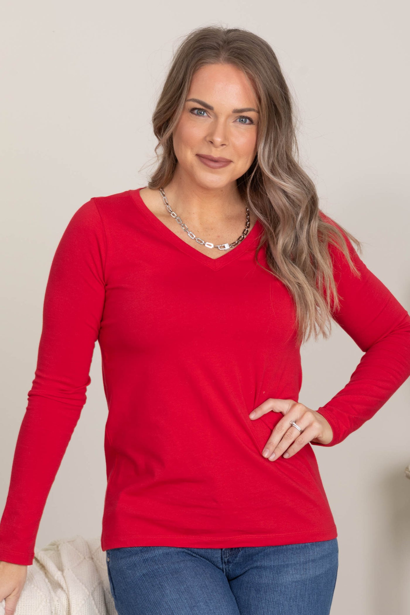 Cotton V-Neck Long Sleeve Knit Top