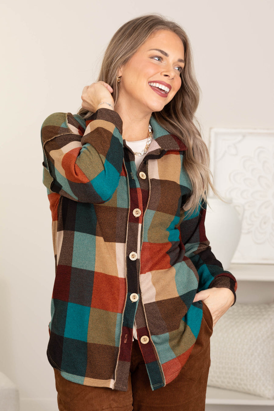 Brown Multicolor Checker Knit Shacket