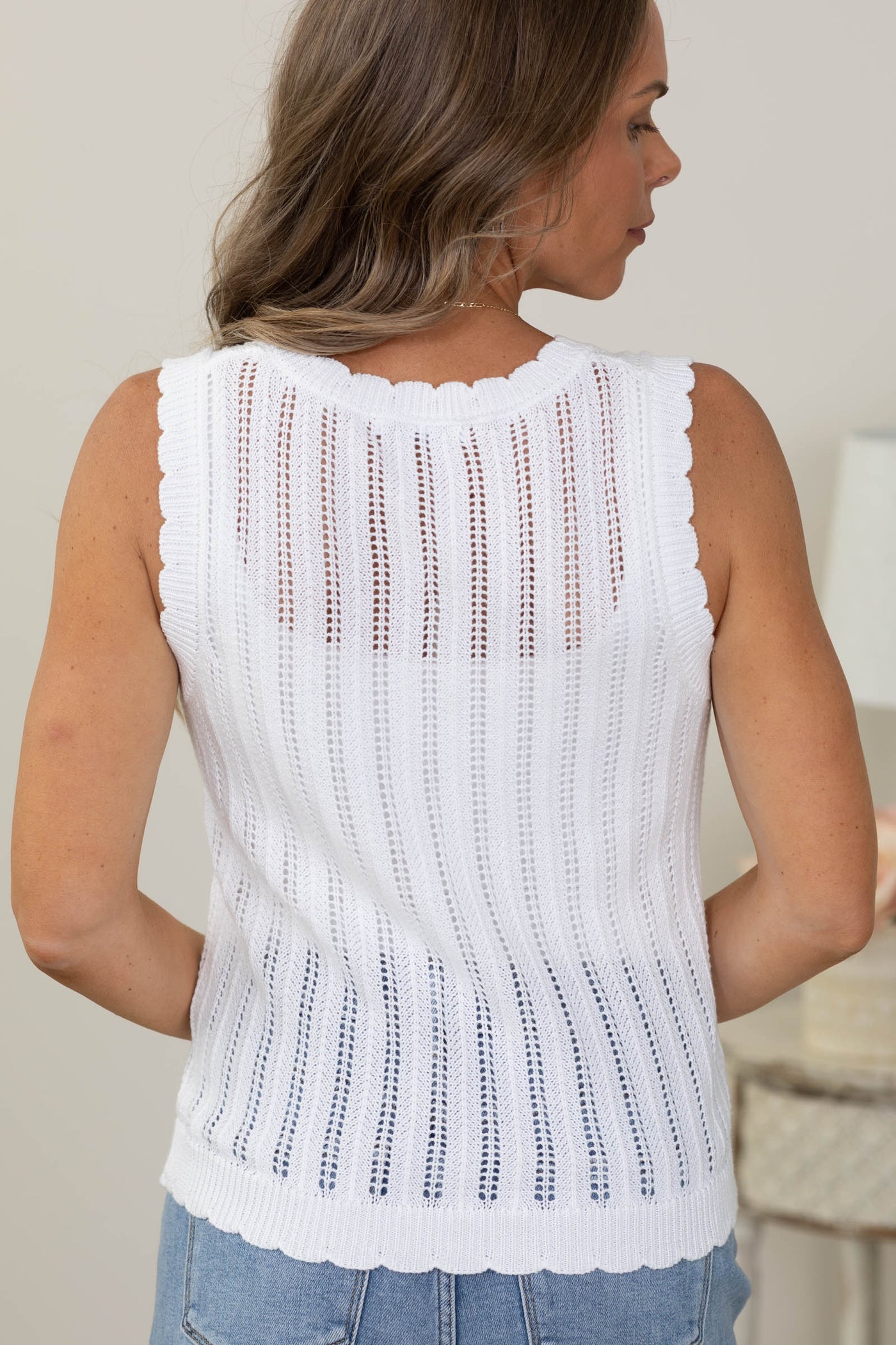 Sleeveless Scallop Hem Button Up Sweater Tops