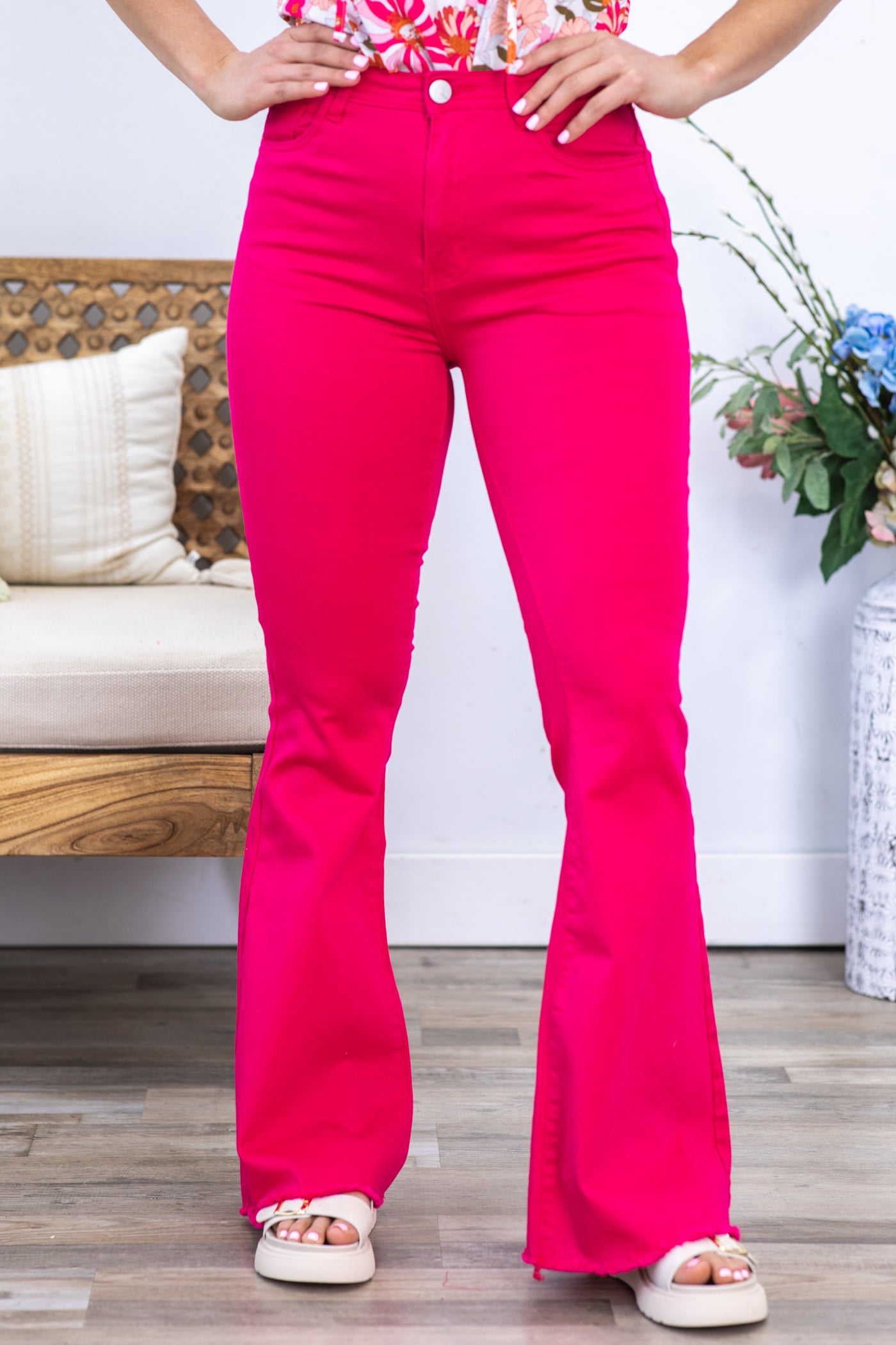 pink flare dress pants Hot Pink Flare Pants With Raw Hem