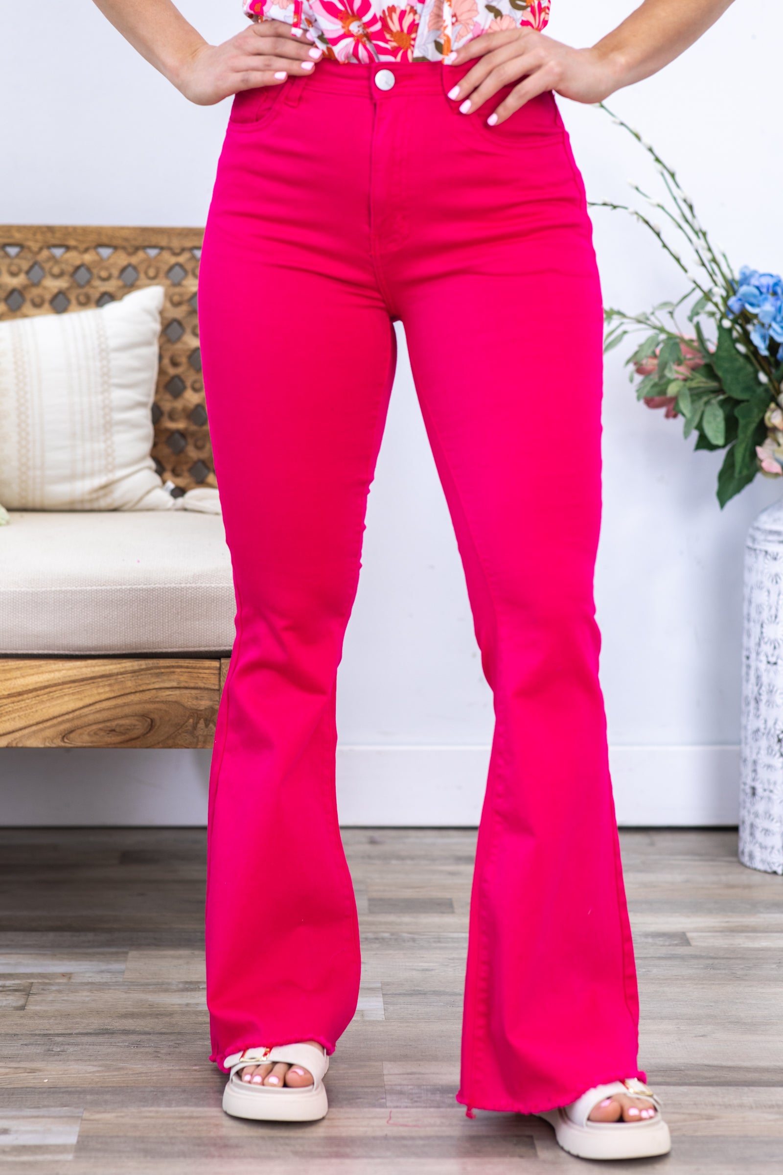 Hot Pink Flare Pants With Raw Hem